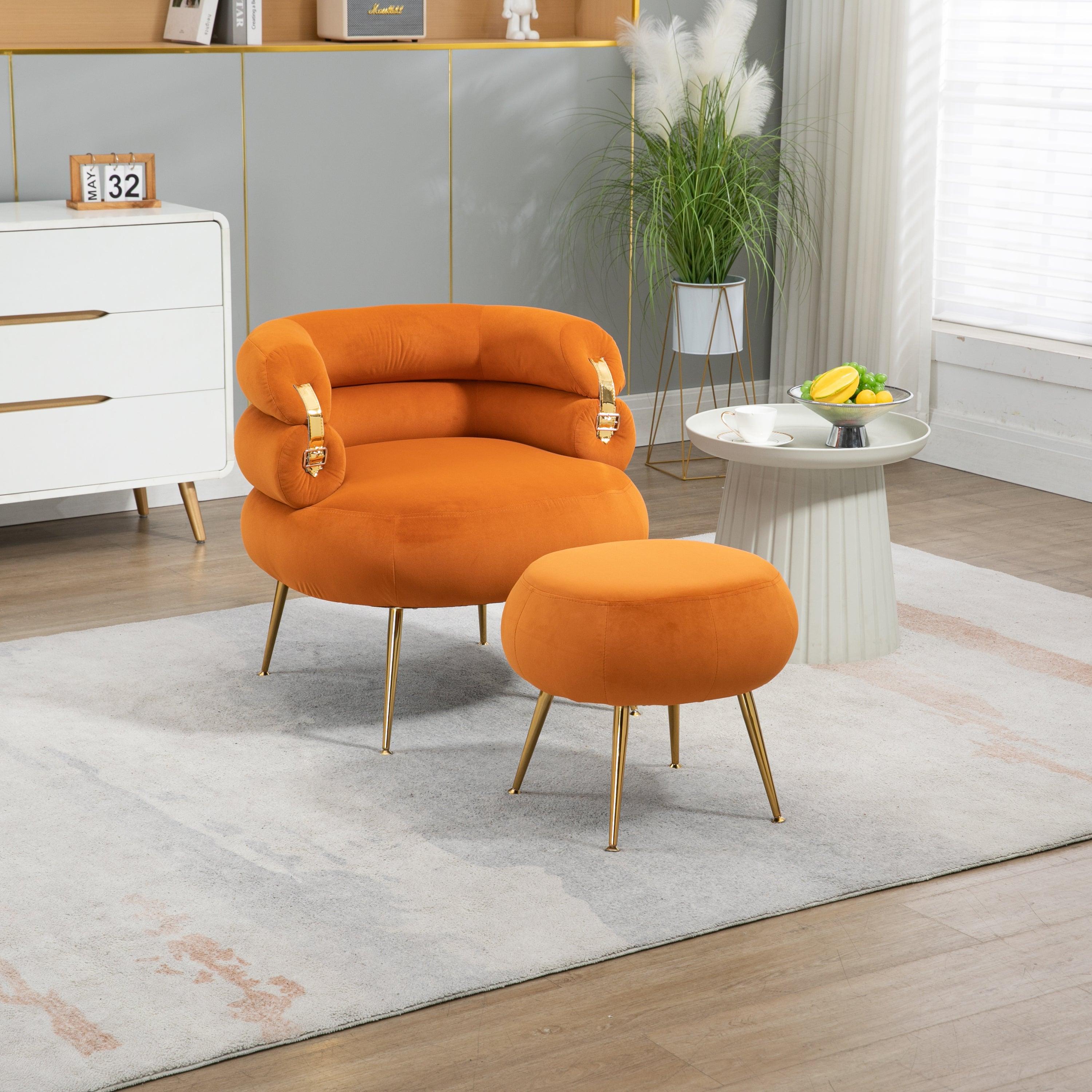 Coolmore Velvet Barrel Chair with Ottoman – Orange