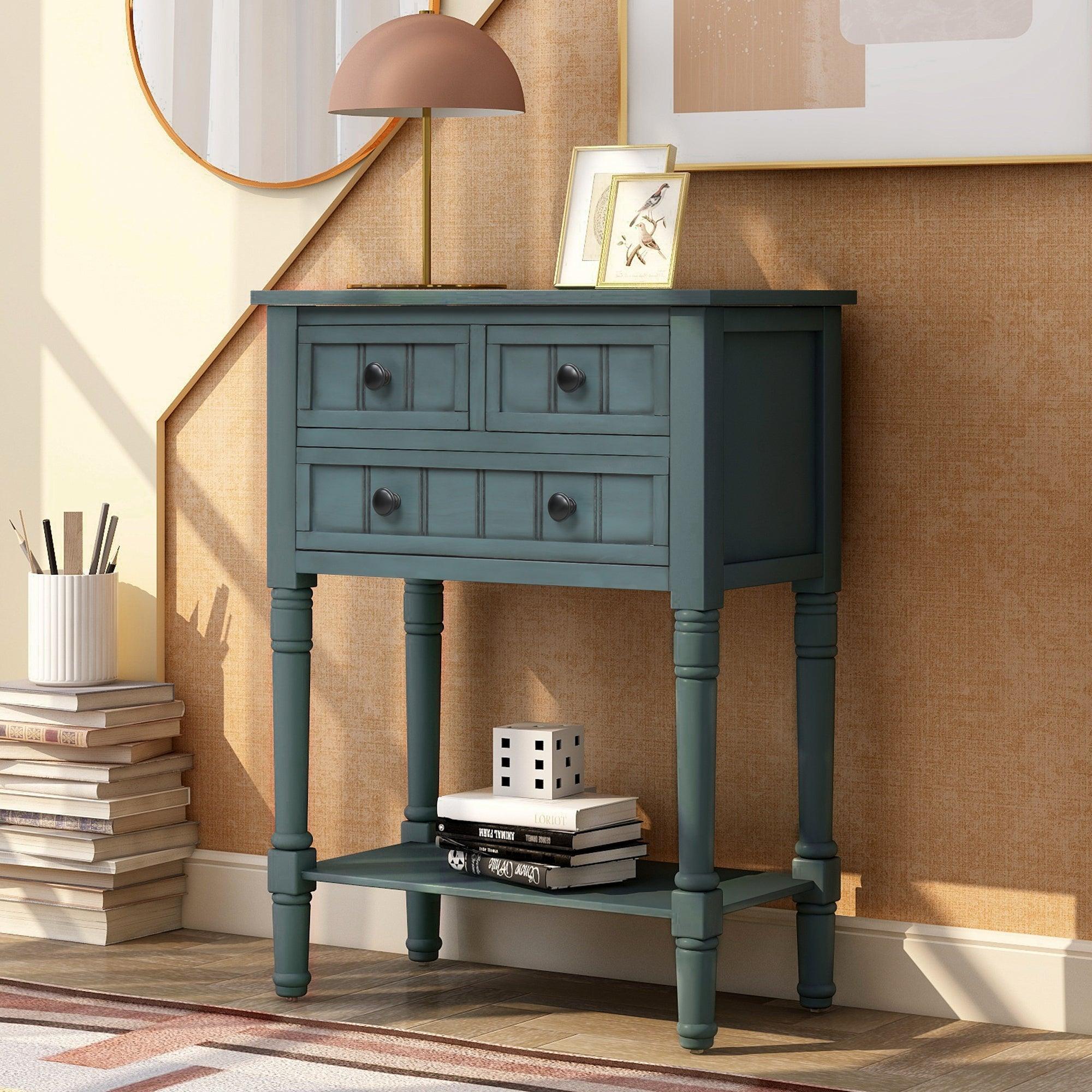 Trexm Narrow Console Table with 3 Drawers & Shelf (Navy)