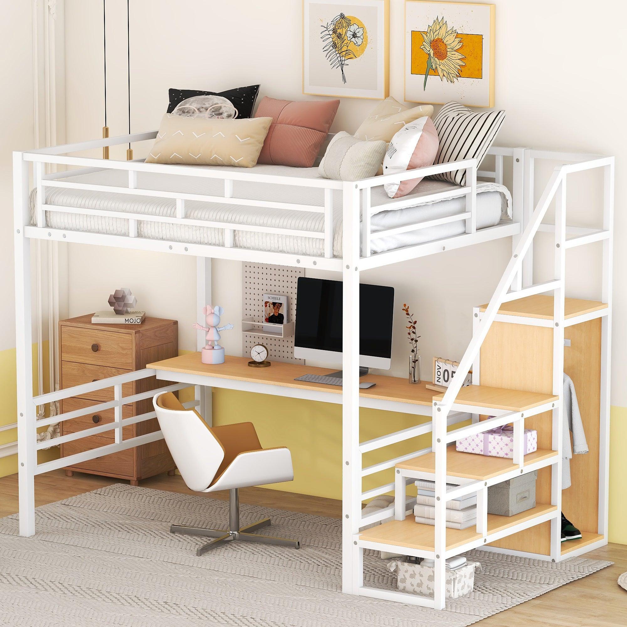 Full Size Loft Bed with Desk, Storage Staircase; Small Wardrobe