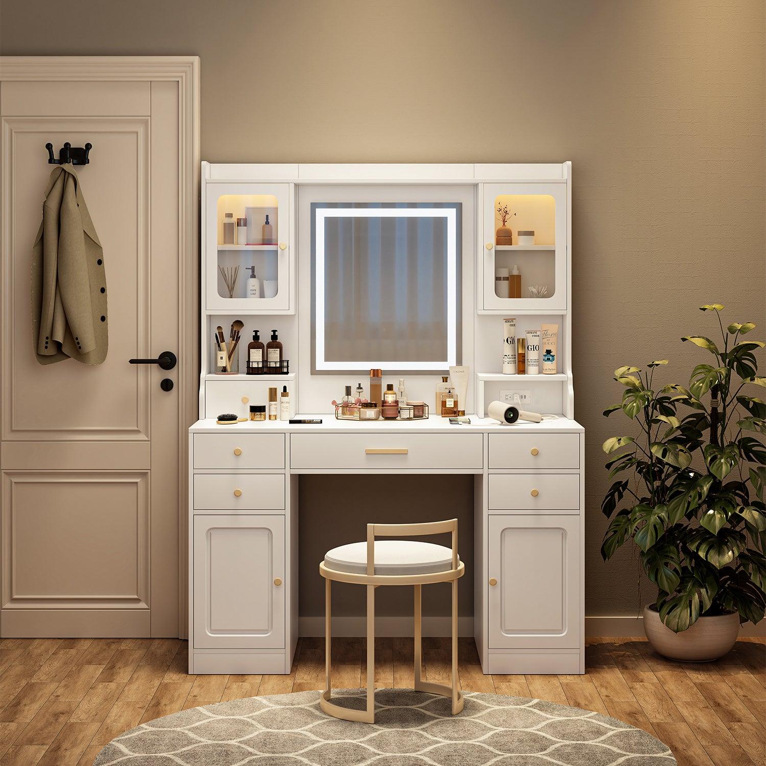 Large Vanity Table Set with Mirror, 6 Drawers & Shelves