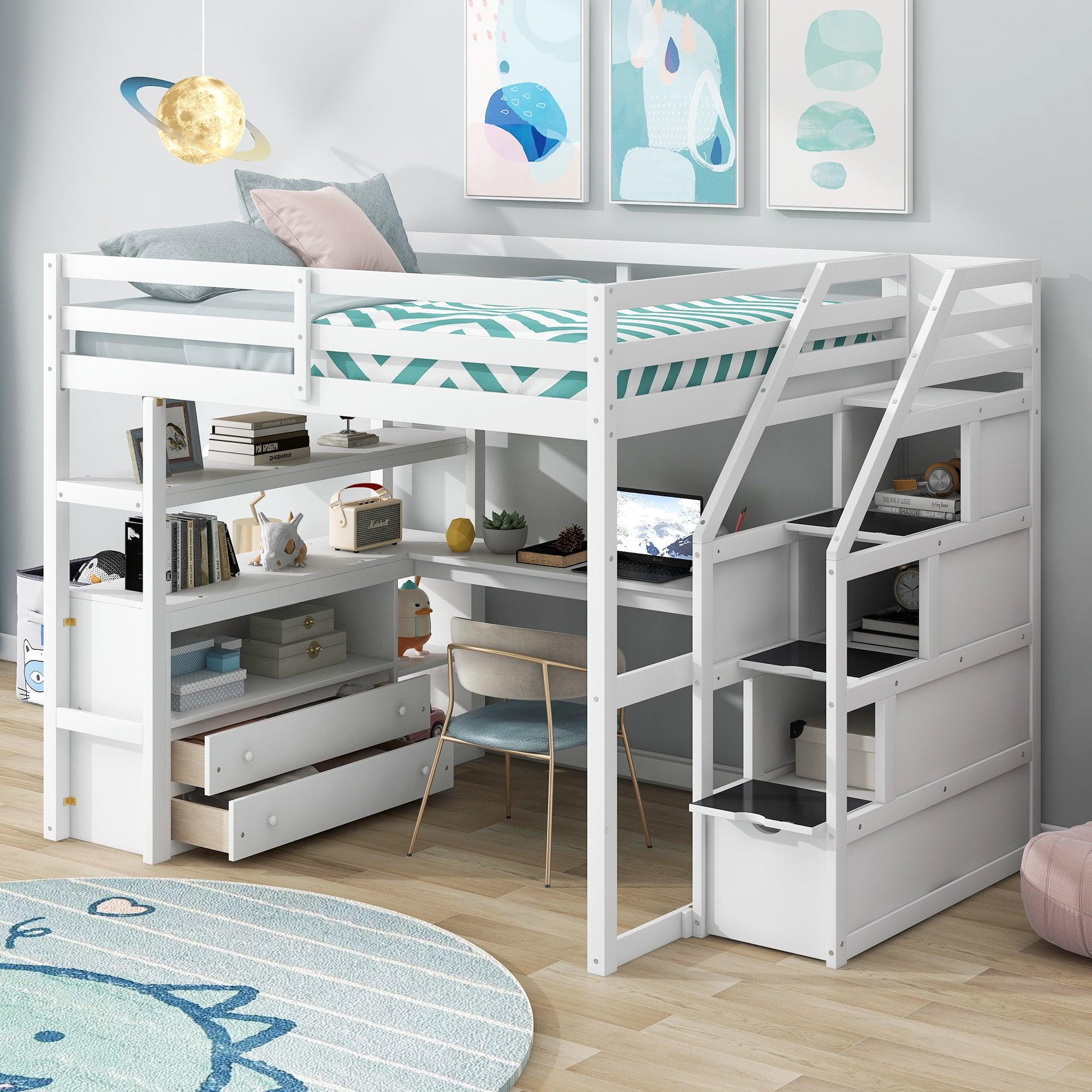 White Full Size Loft Bed with Desk, Storage Staircase