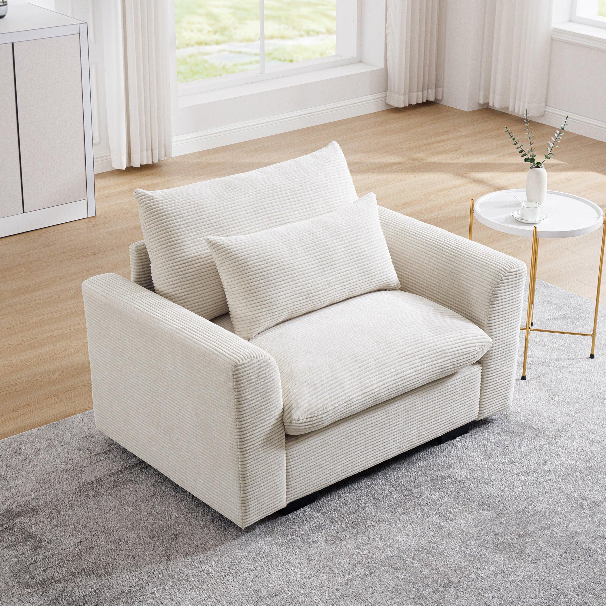 Beige Corduroy Deep Seat Accent Chair with Pillow