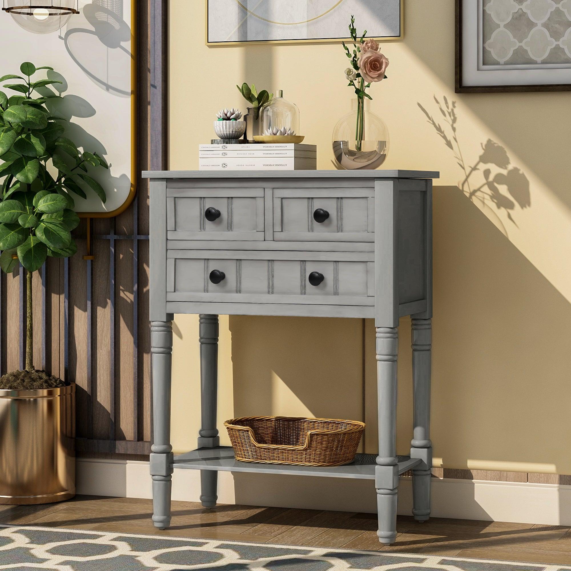 Trexm Narrow Console Table with 3 Drawers & Shelf (Gray Wash)