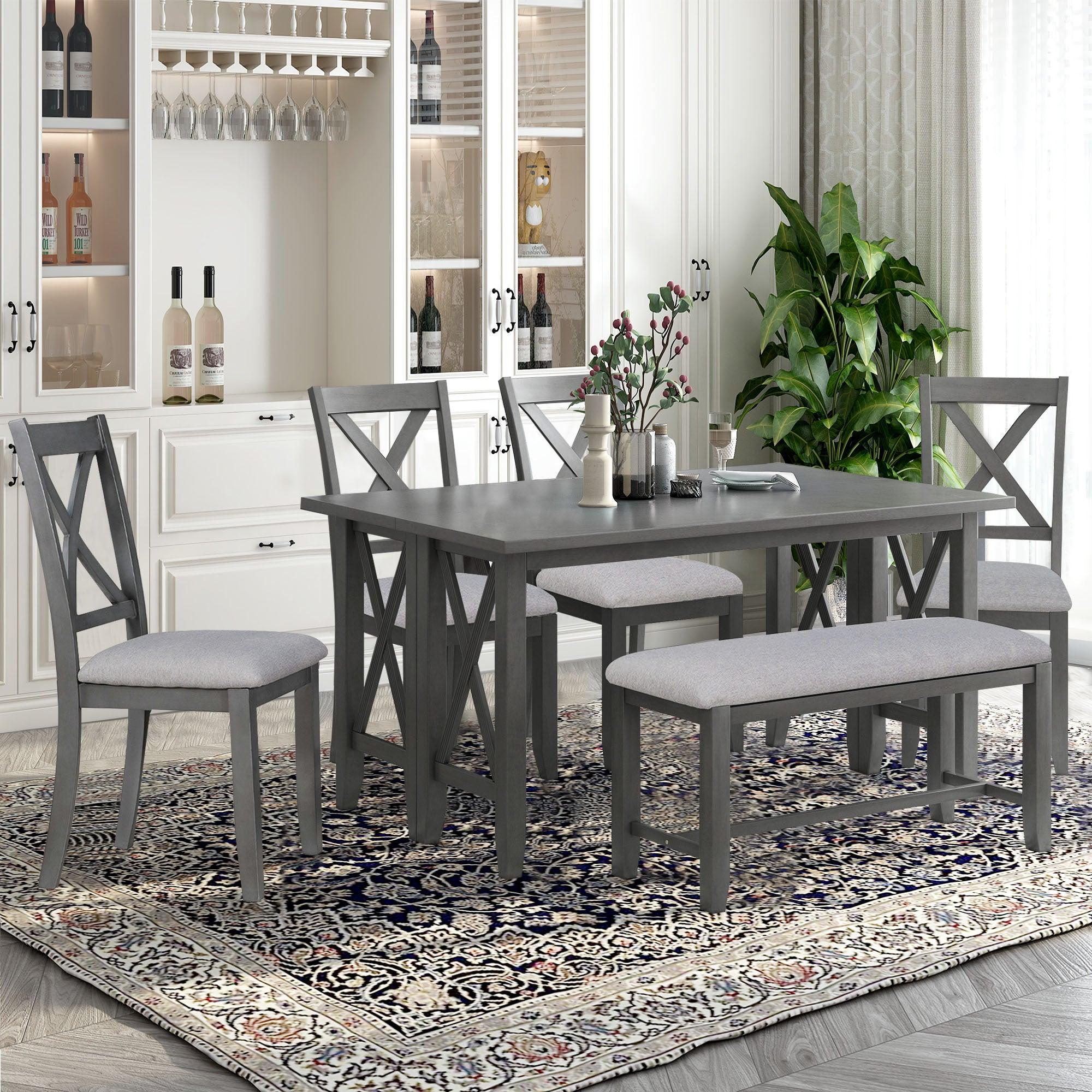 Trexm 6-Piece Family Dining Room Set Solid Wood Space Saving Foldable Table and 4 Chairs with Bench for Dining Room (Gray)
