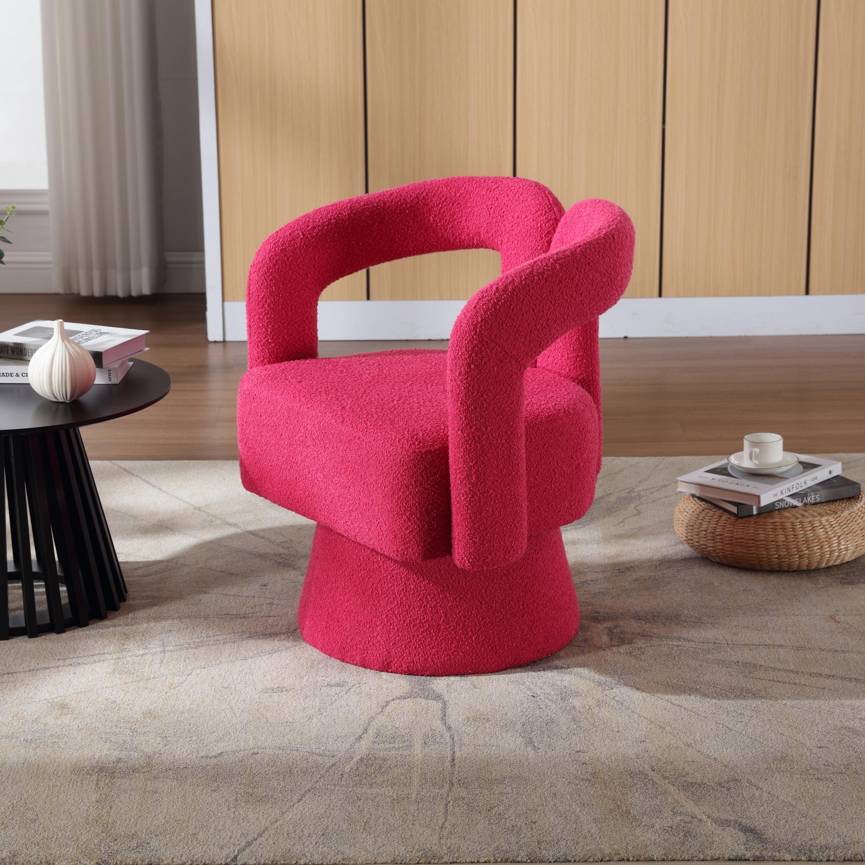 COOLMORE 360 Degree Swivel Cuddle Barrel Accent Chairs, Round Armchairs with Wide Upholstered, Fluffy Fabric Chair for Living Room, Bedroom, Office, Waiting Rooms (Rose Red Boucle)