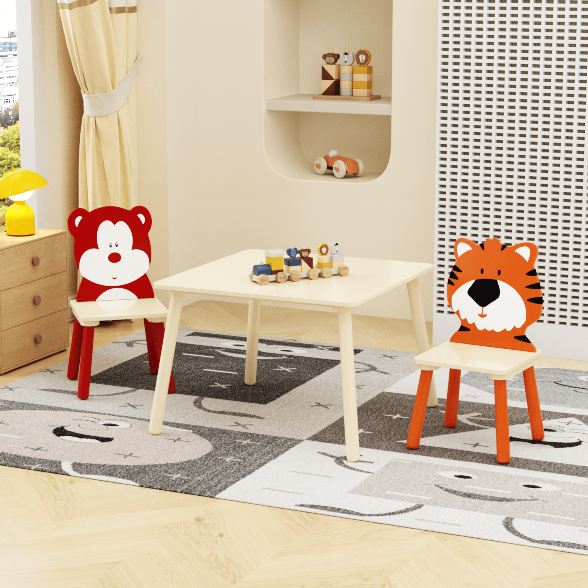 Bear and Tiger Kids Table and 2 Chairs Set
