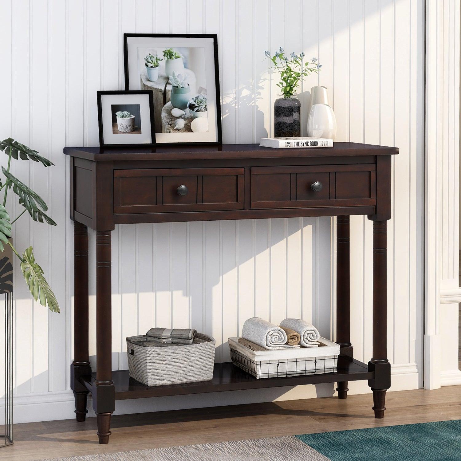 Trexm Daisy Console Table with Drawers & Shelf – Espresso