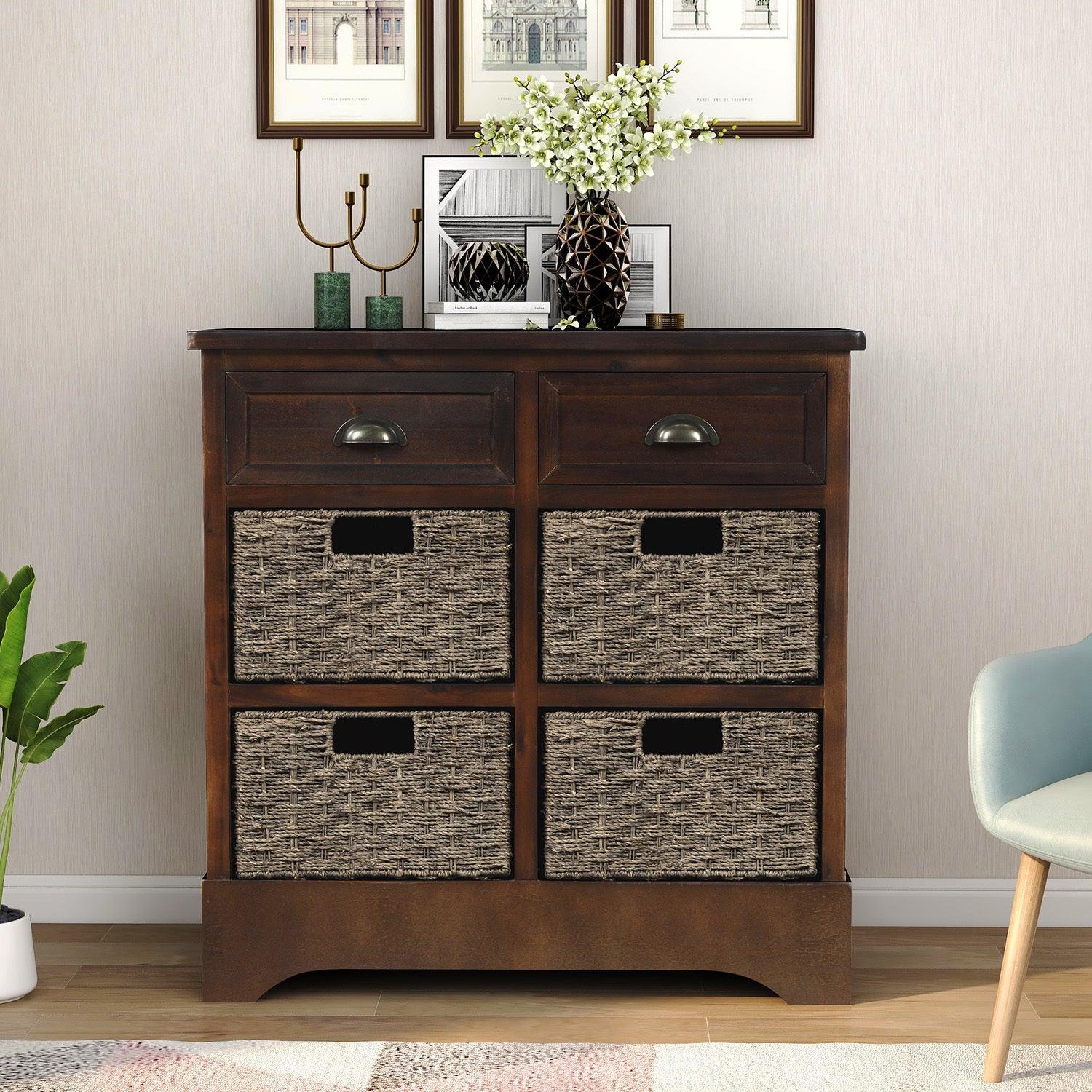 TREXM Rustic Storage Cabinet with Two Drawers and Four Classic Rattan Basket