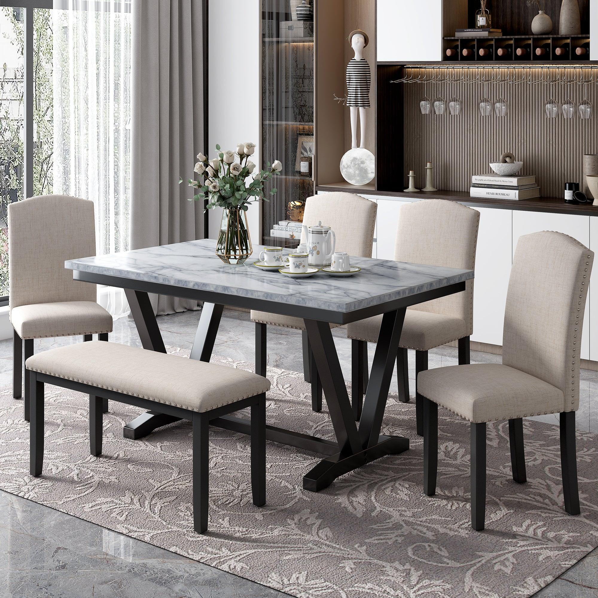 Trexm 6-Piece Dining Set with Marbled Tabletop – White