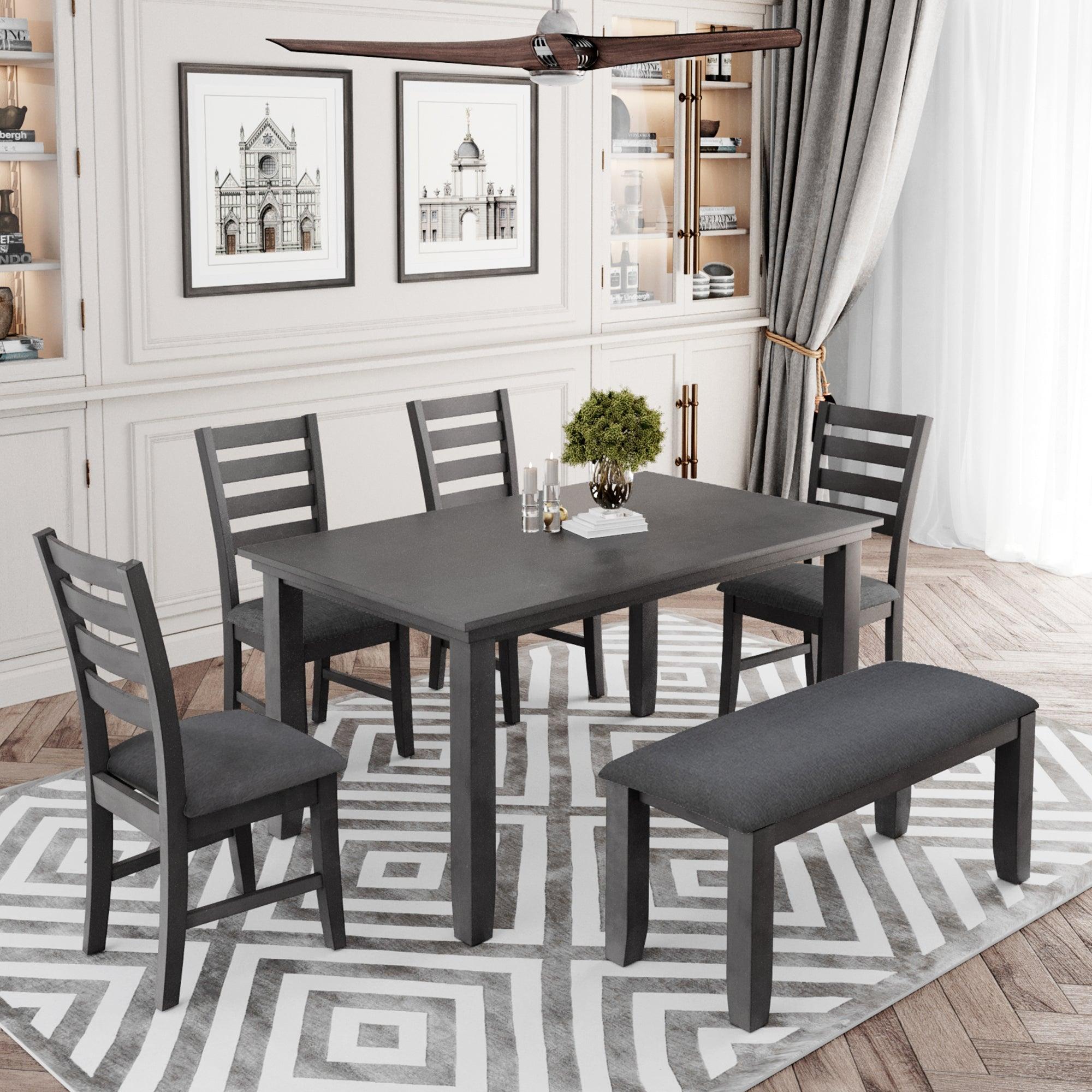 Trexm Rustic 6-Piece Dining Set with Table, Chairs, and Bench (Gray)