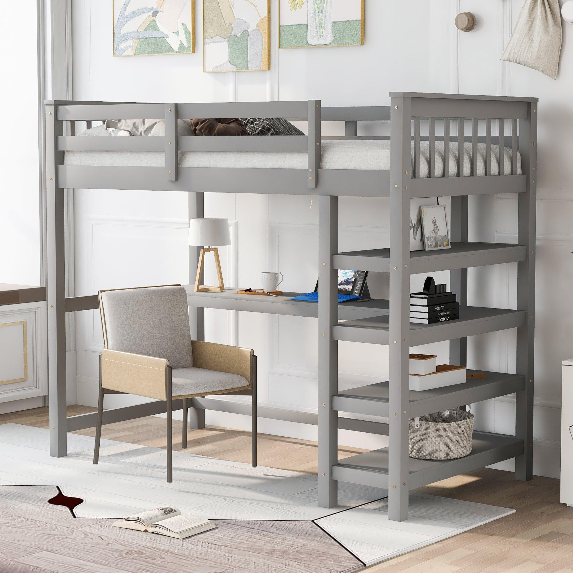Twin Size Loft Bed with Shelves and Under-bed Desk