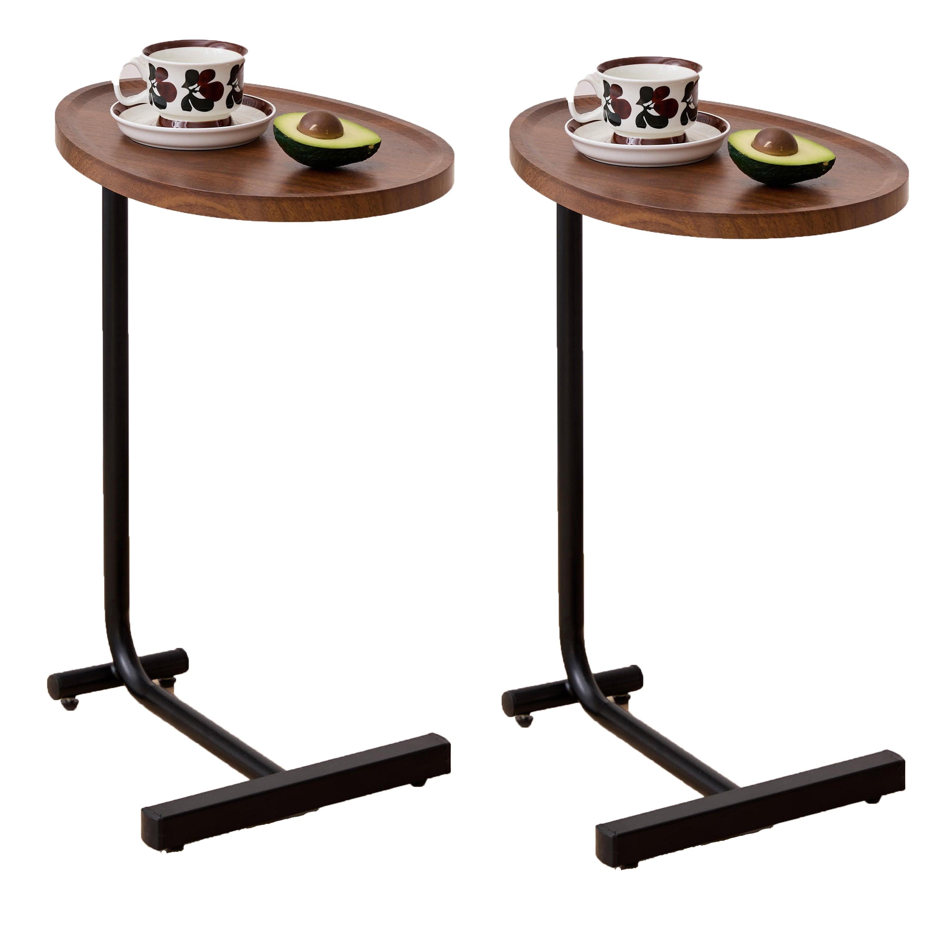 2-pieces Brown C-shaped Side Table, Small Sofa Table for Small Spaces