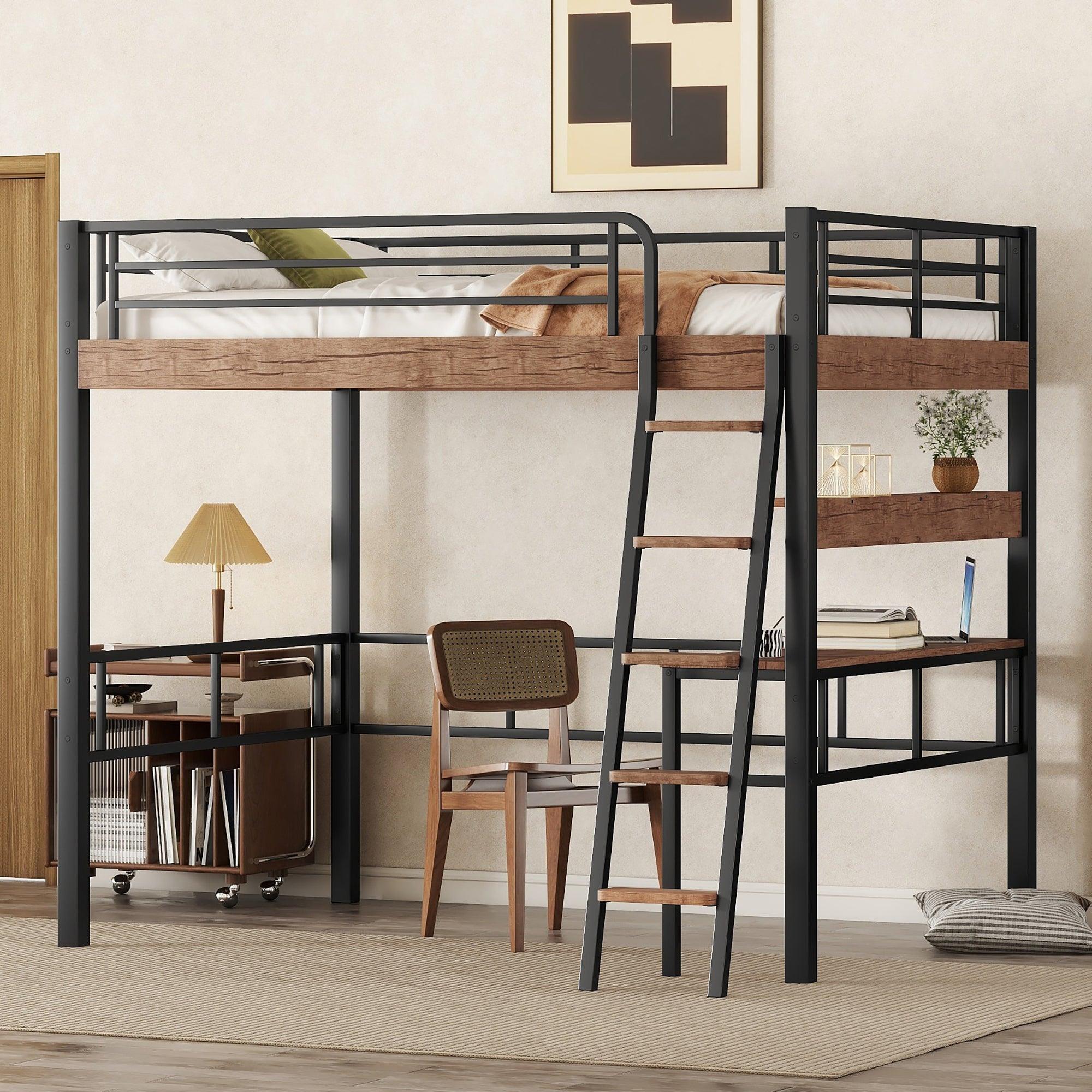 Black and Brown Full Size Loft Bed with Built-in Desk and Ladder