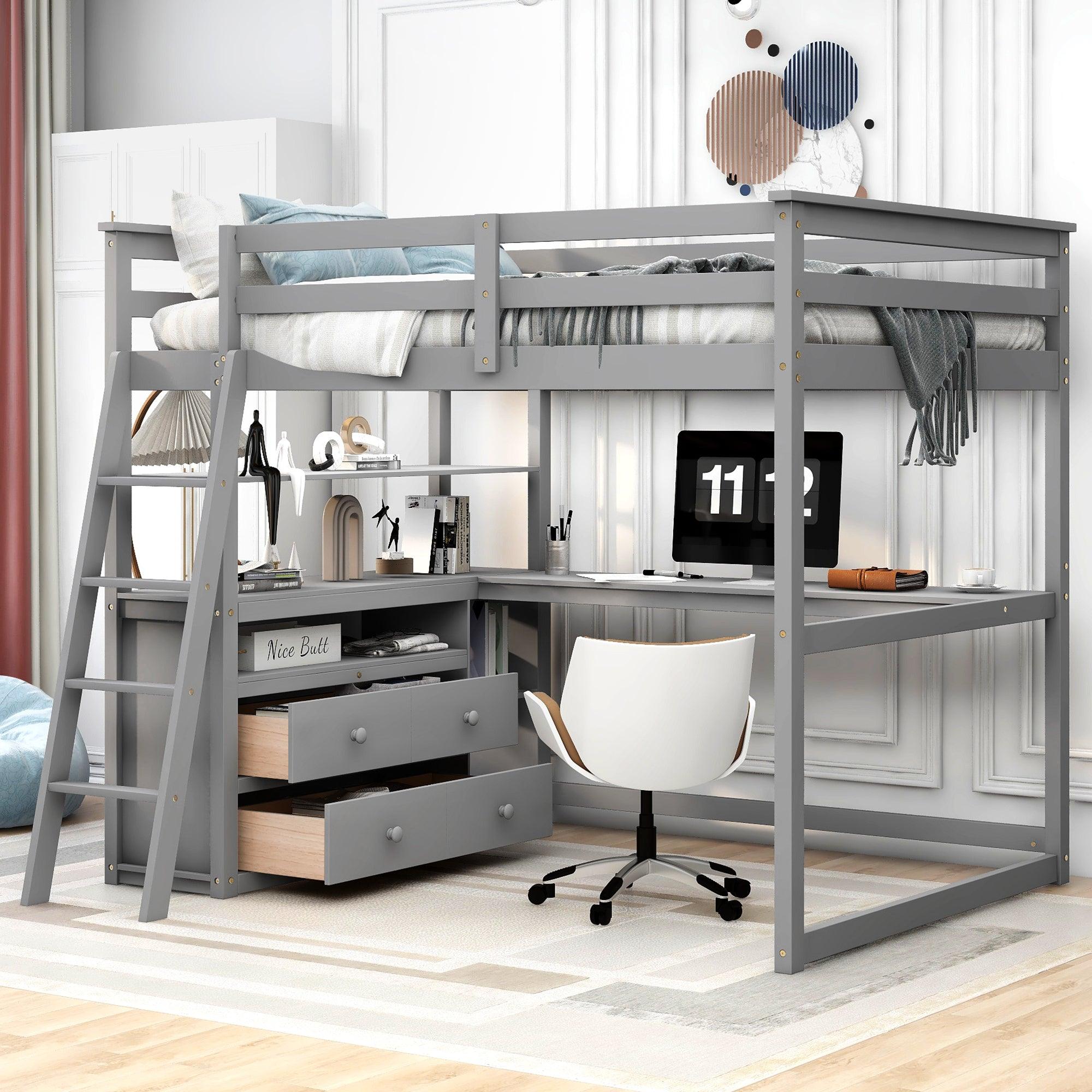 Gray Full Size Loft Bed with Desk and Shelves