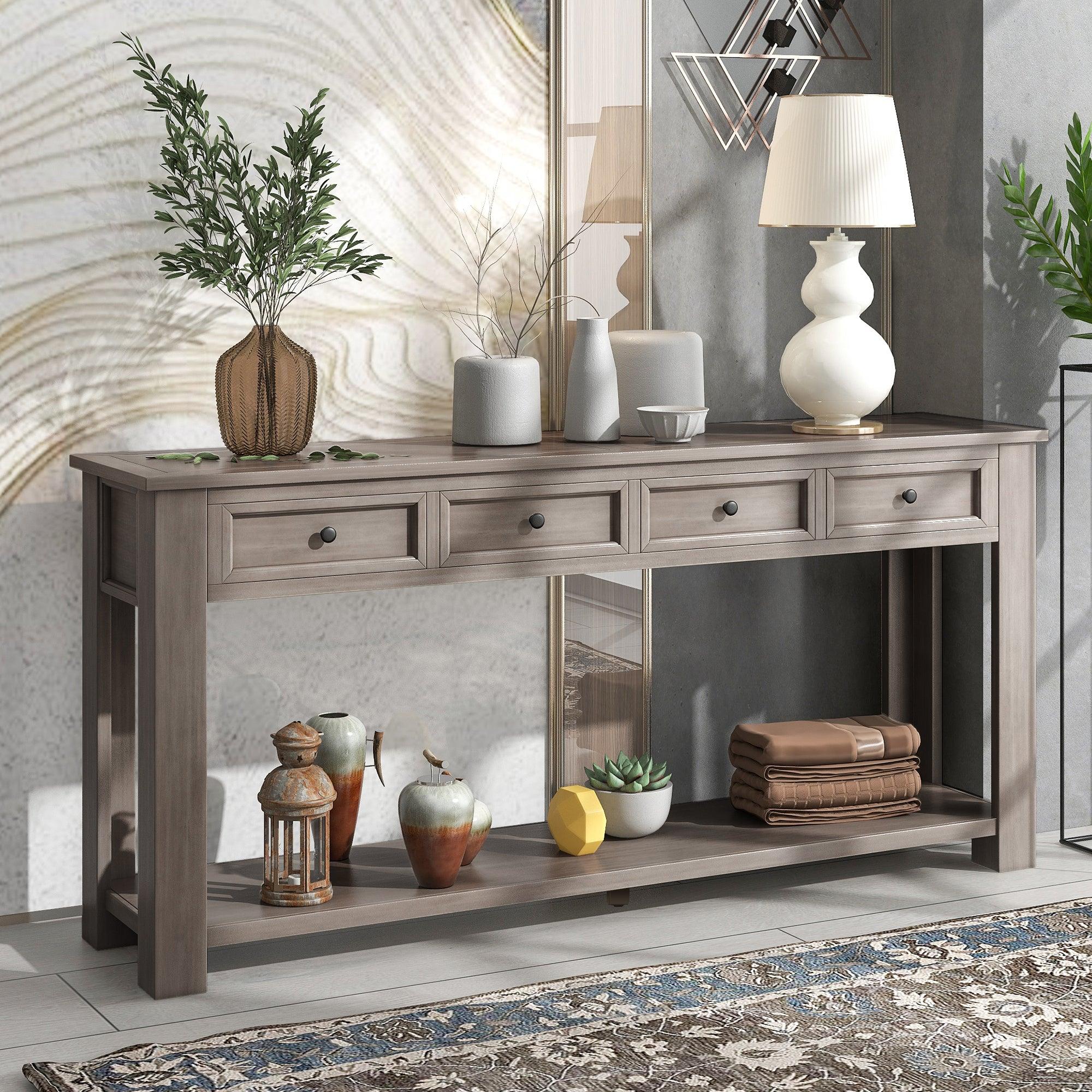Trexm Gray Wash Console Table with Drawers & Shelf for Entryway