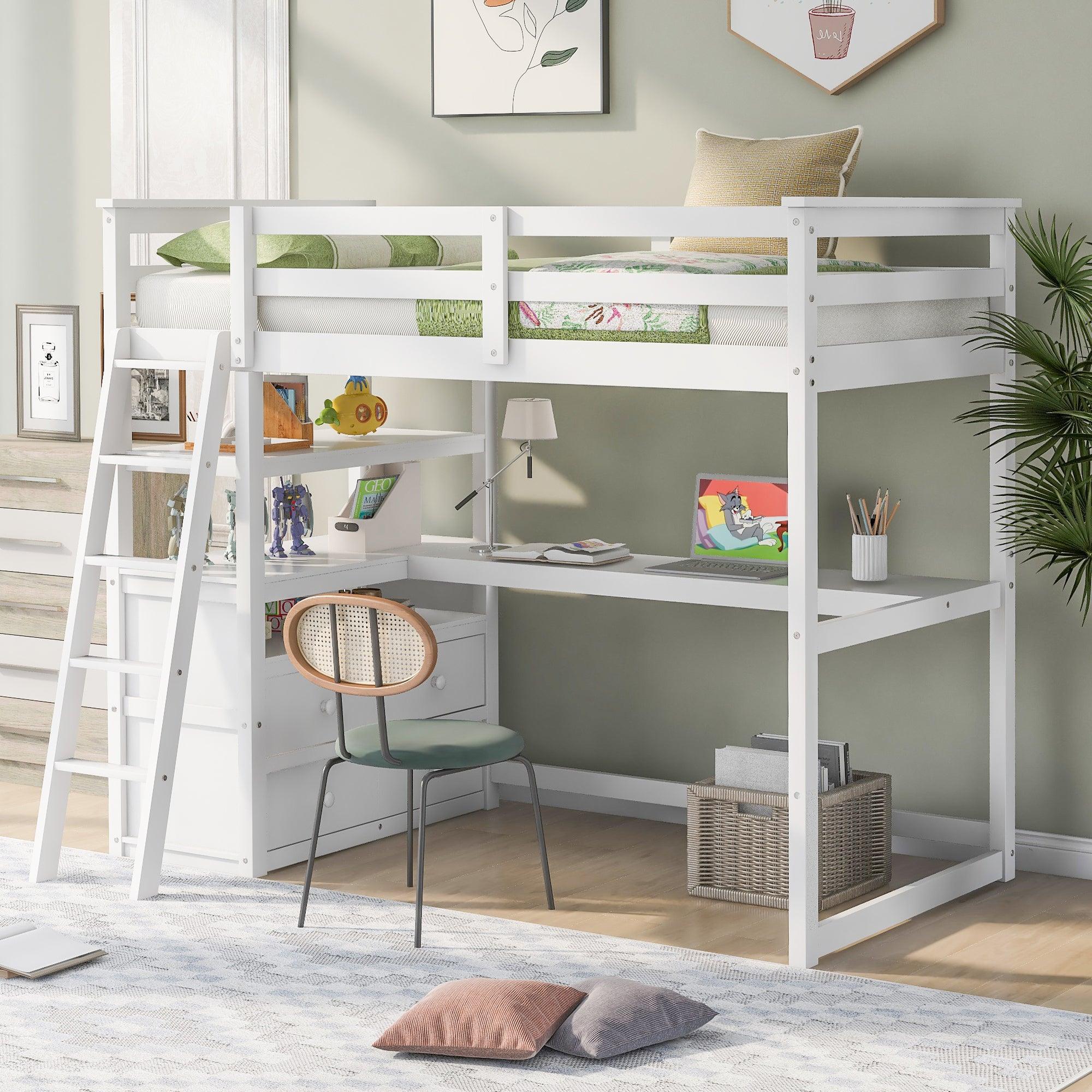 White Twin Size Loft Bed with Desk