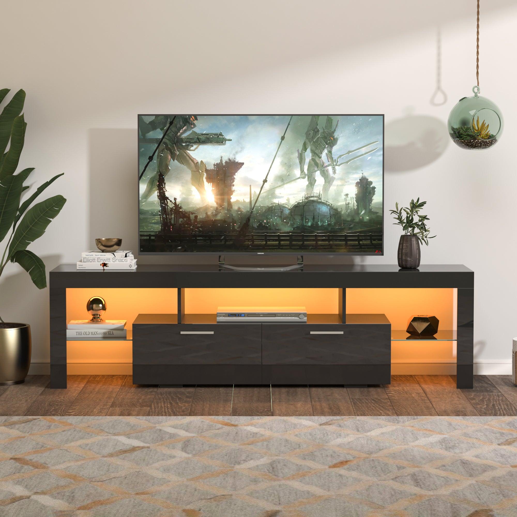 Black TV Stand with LED Lights & Glass Shelf