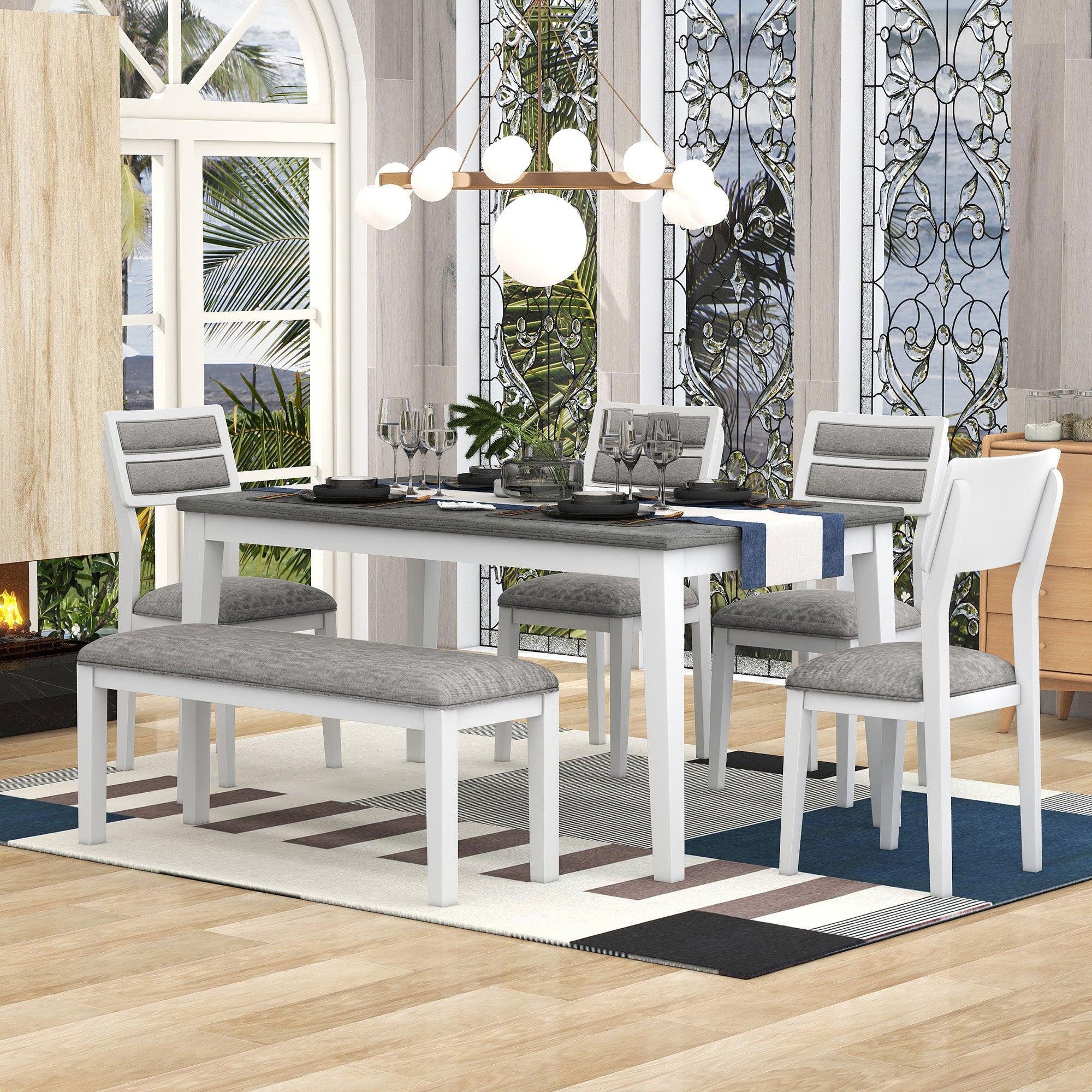 Trexm 6-Piece Dining Set with Table, 4 Chairs & Bench (White & Gray)
