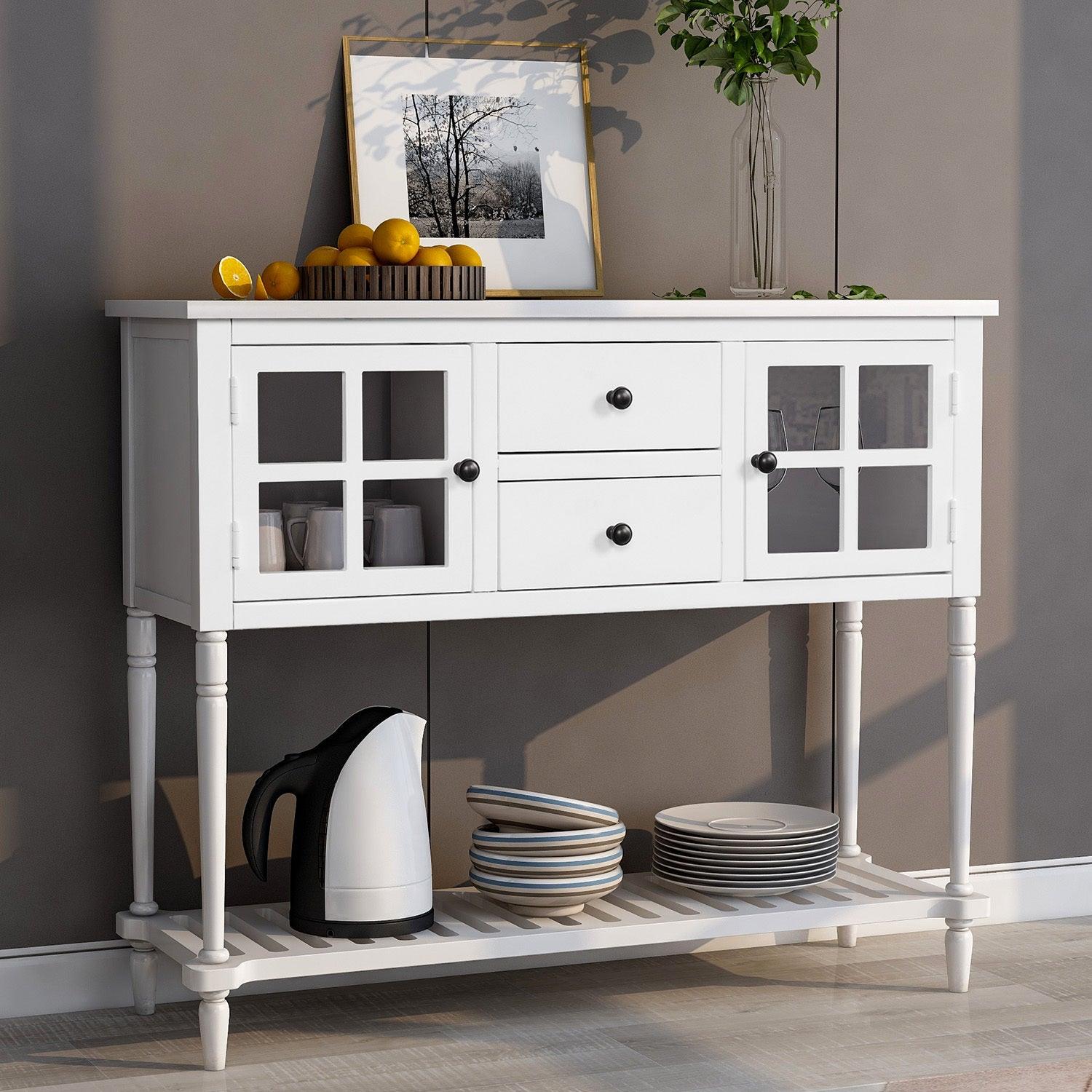 Trexm Sideboard Console Table with Shelf, Farmhouse Wood/Glass