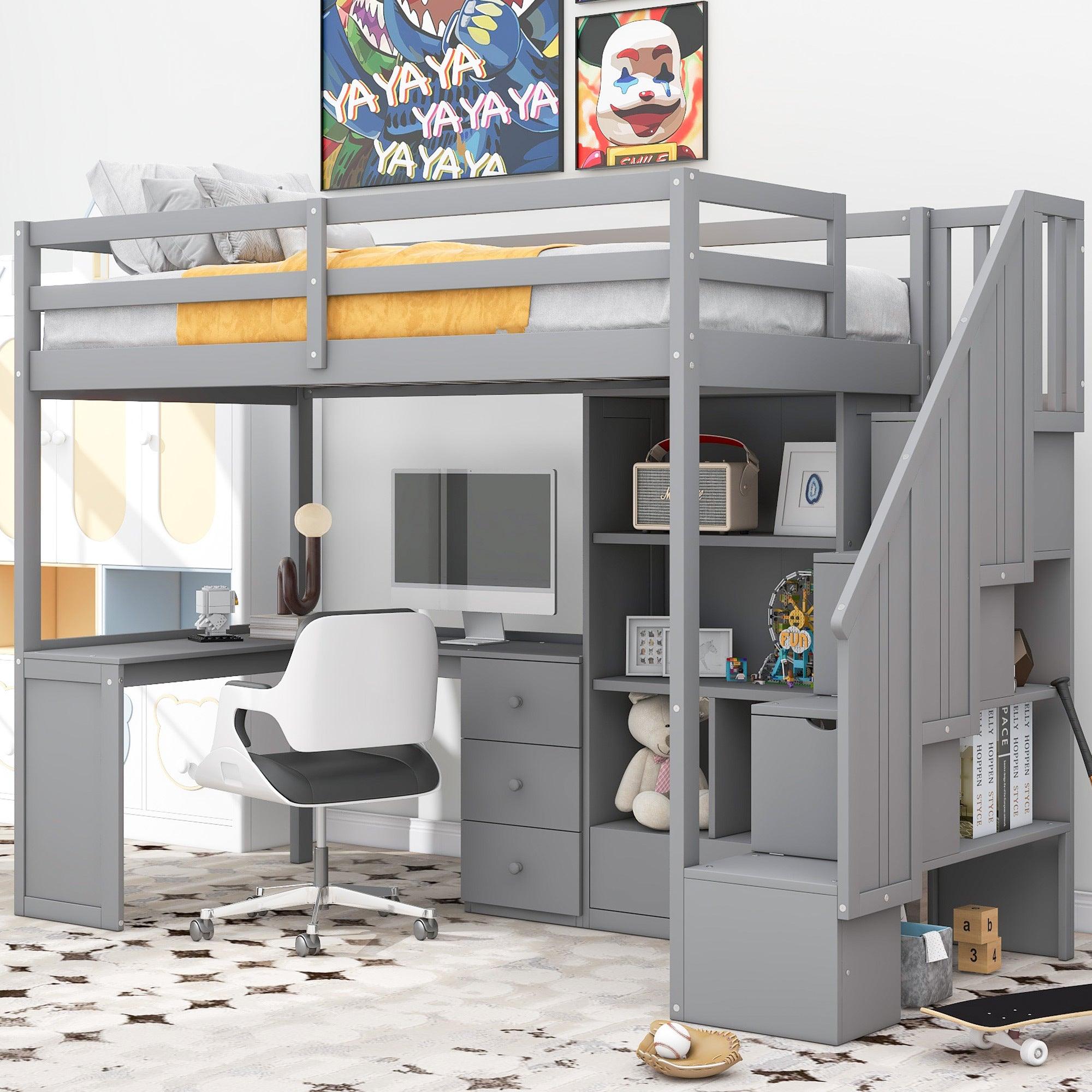 Twin Size Loft Bed with L-Shaped Desk