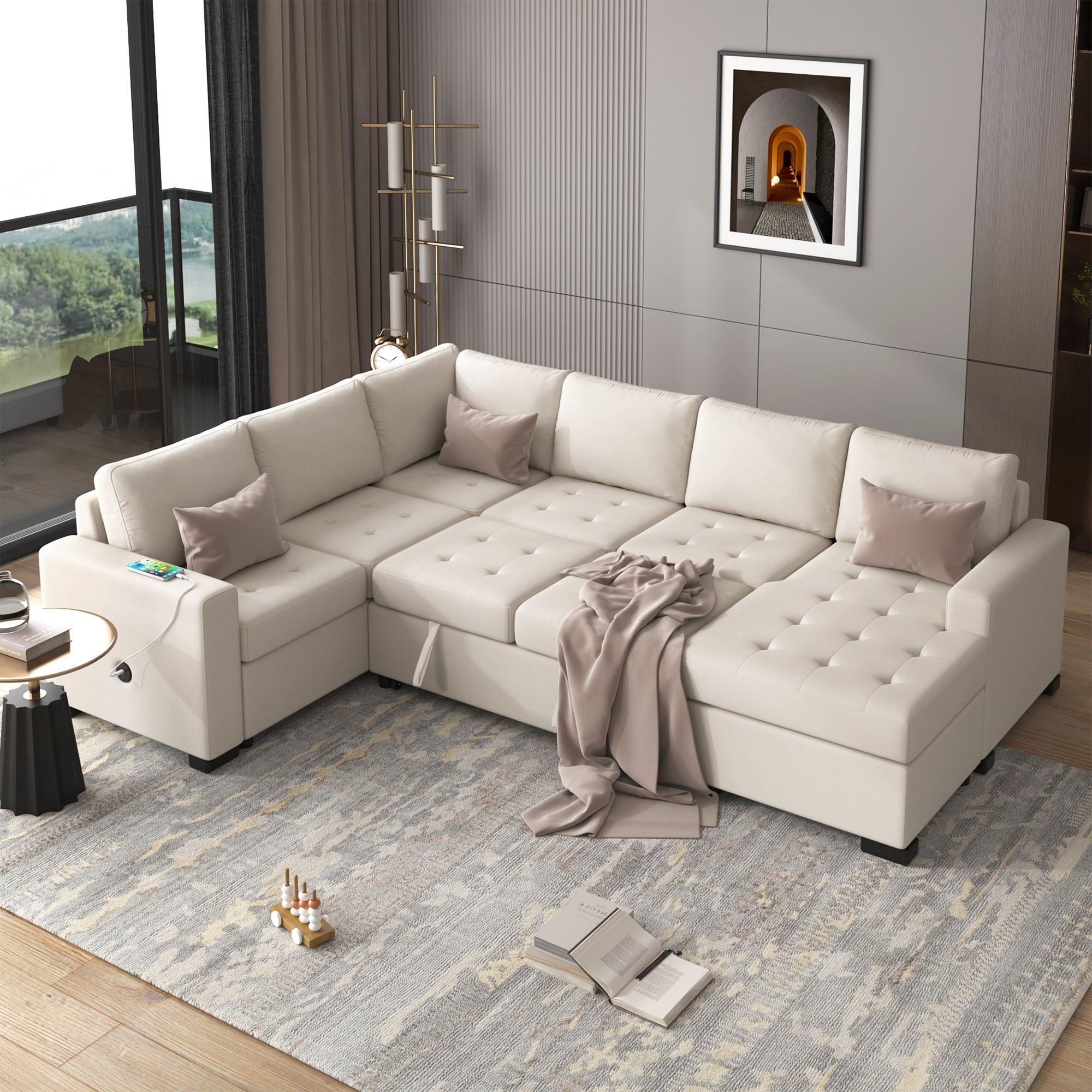 U-Style Sectional Sleeper Sofa with Pull-Out Bed & USB Ports