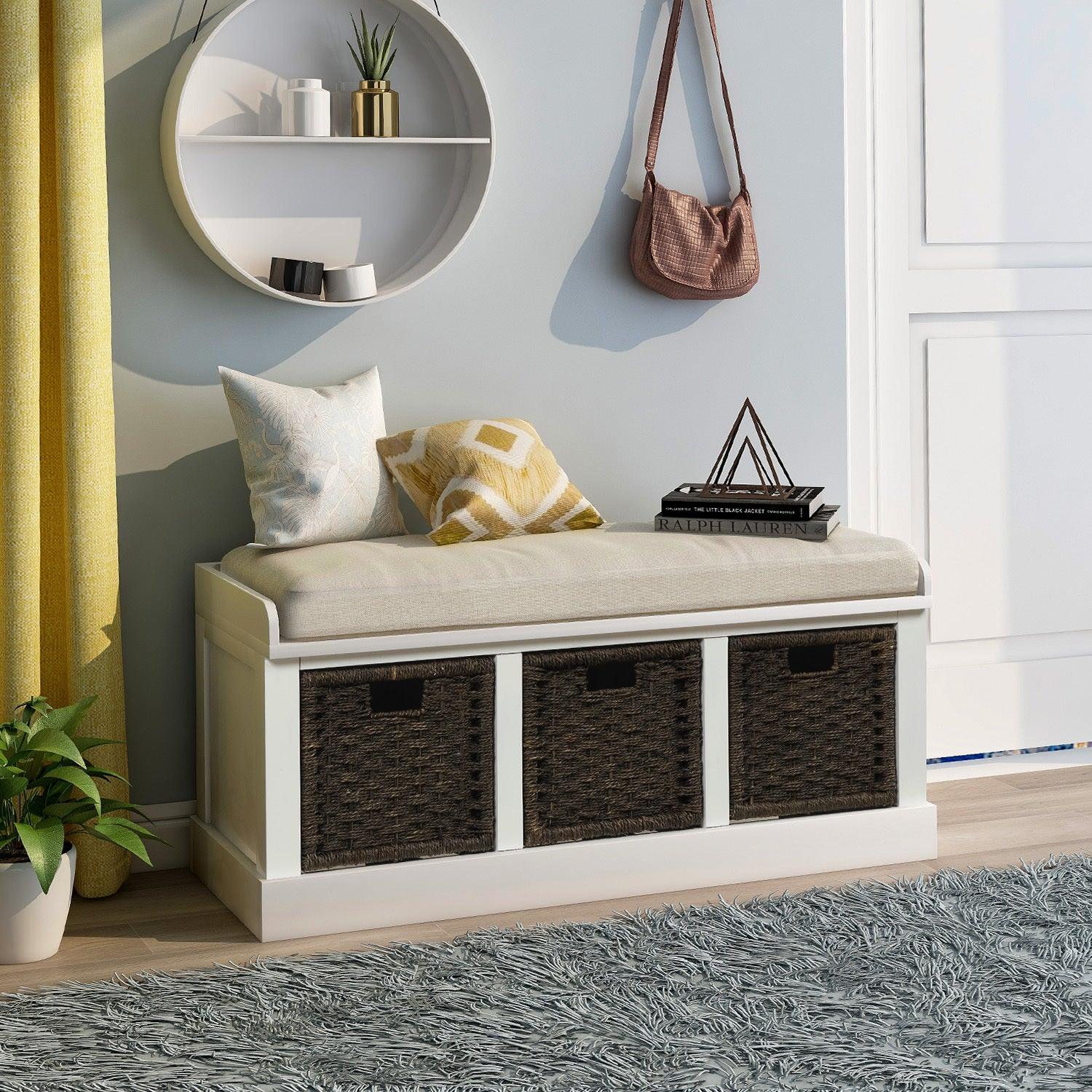 Trexm Rustic Storage Bench with Rattan Baskets & Cushion – White