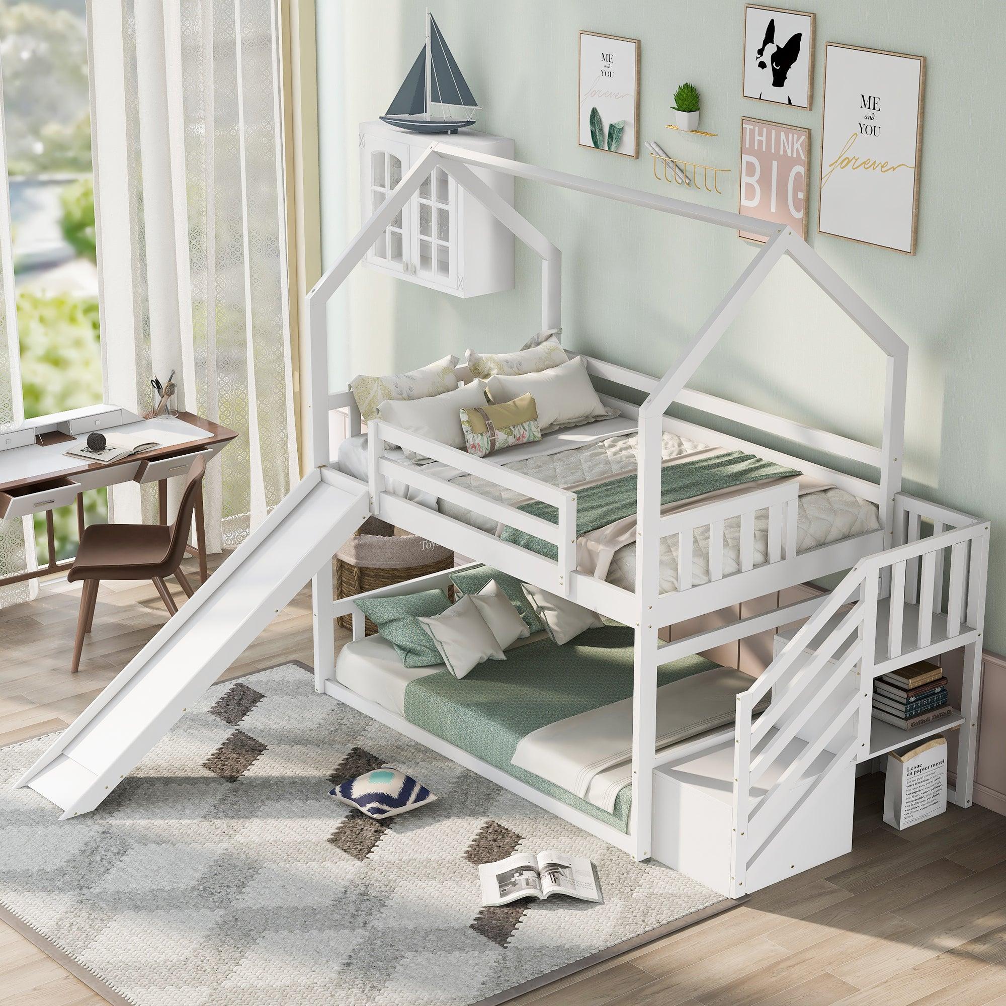 Twin/Twin House Bunk Bed with Convertible Slide