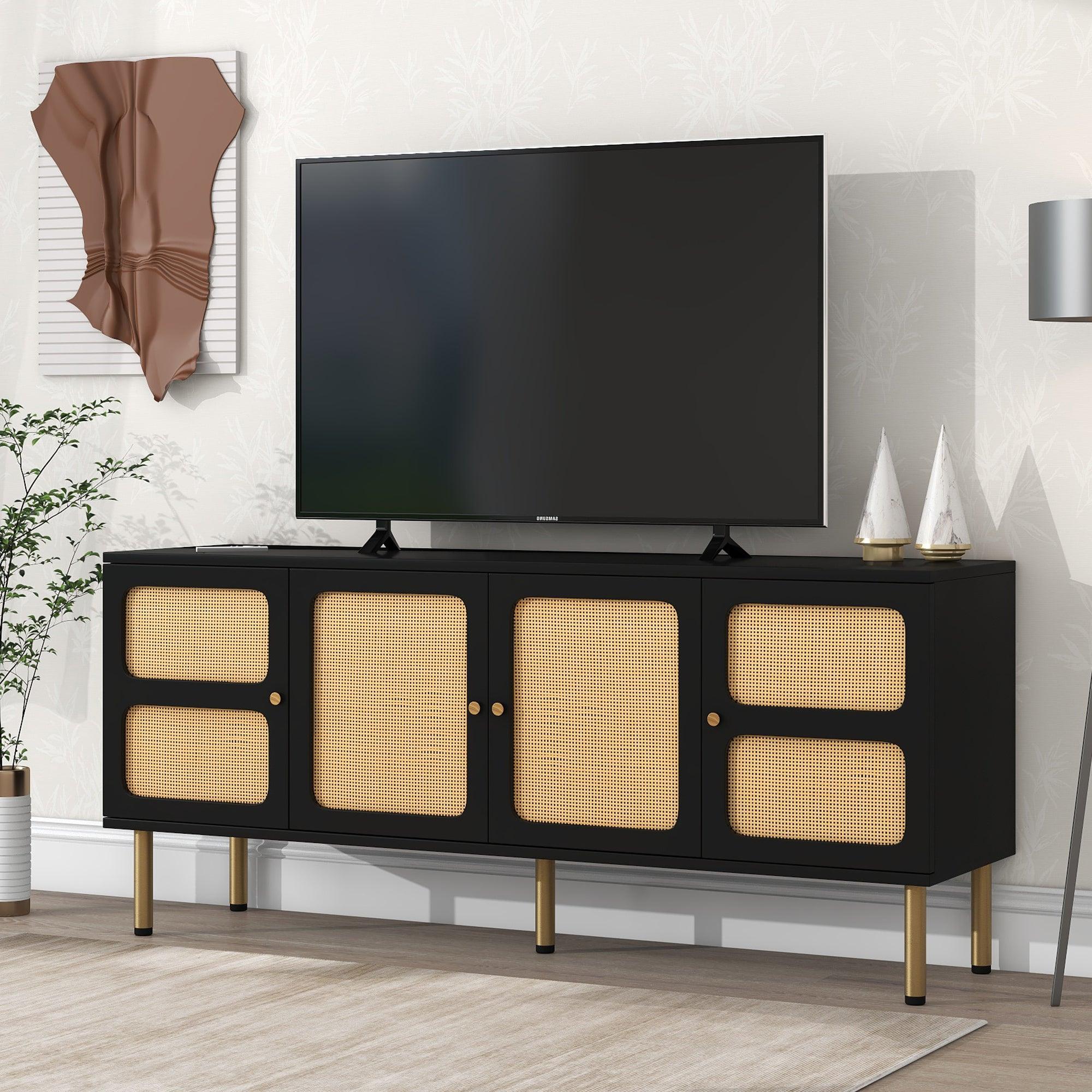 ON-TREND Boho style TV Stand with Rattan Door