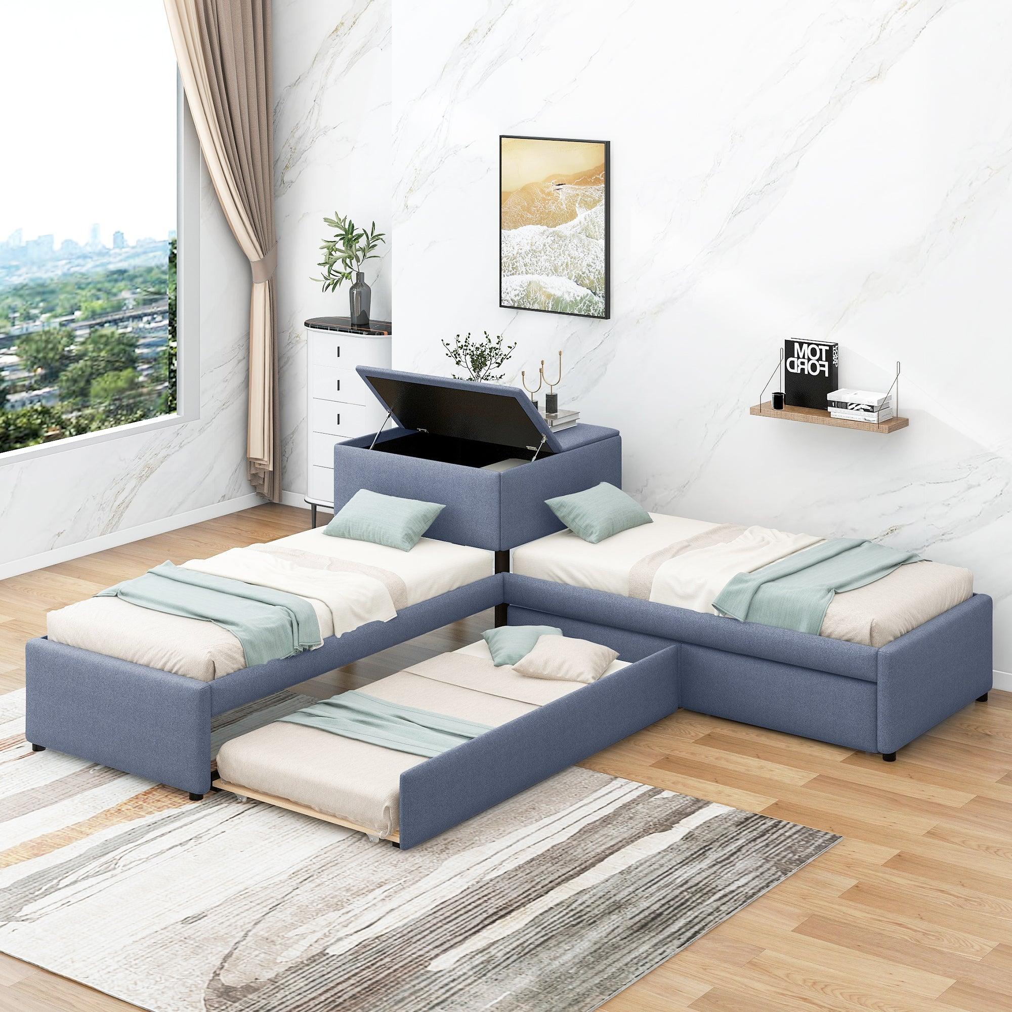 L-shaped Upholstered Platform Bed with Trundle