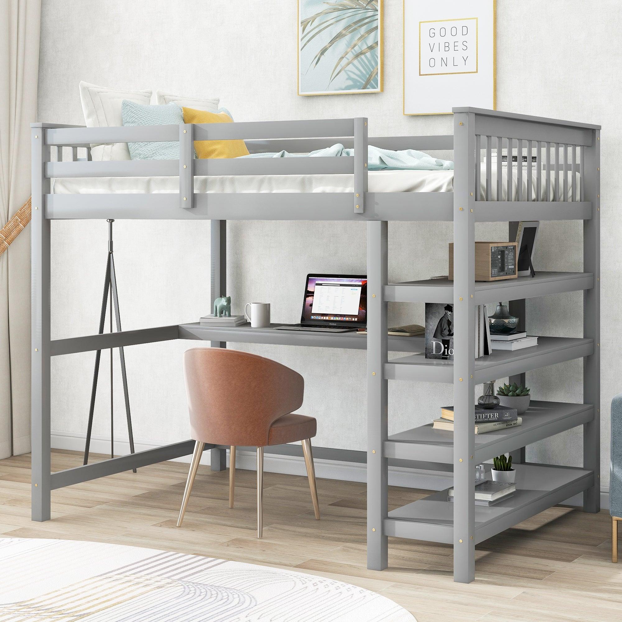 Full Size Loft Bed with Storage Shelves