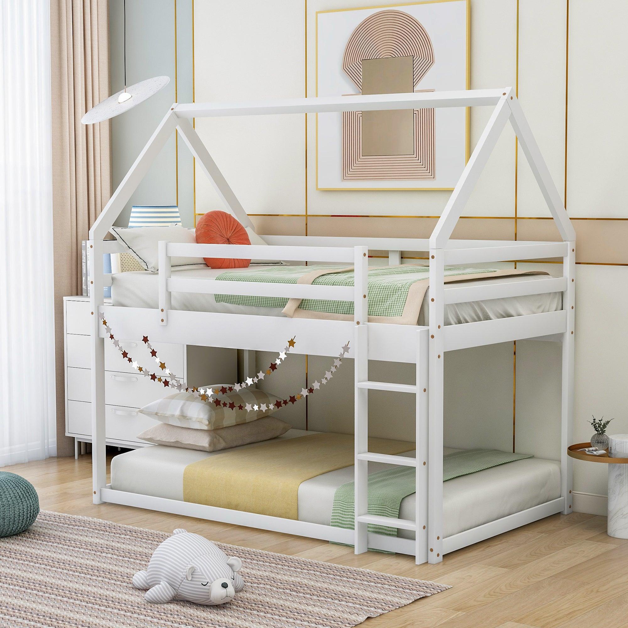 Twin Low Bunk Bed House with Ladder