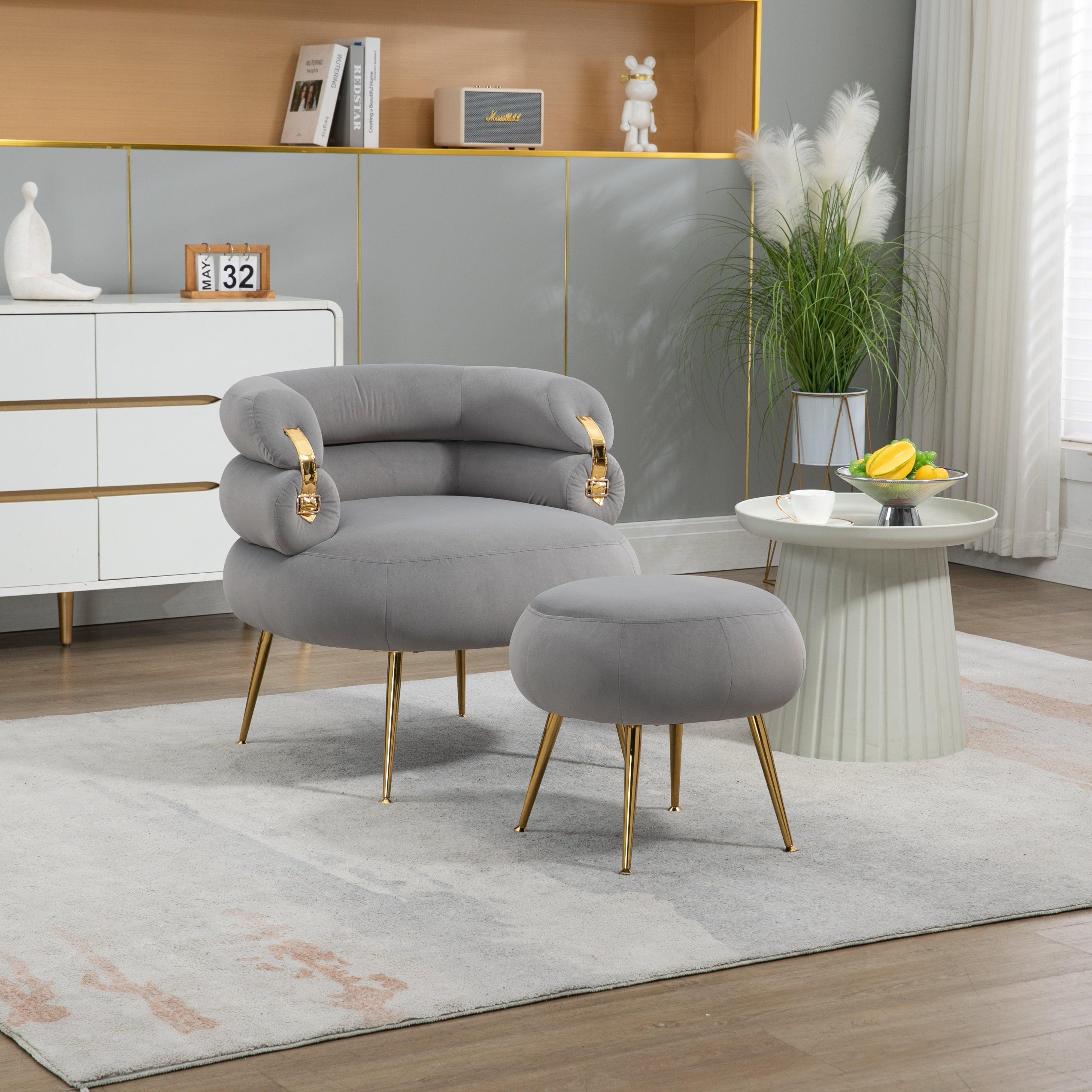 Coolmore Velvet Barrel Chair with Ottoman – Gray