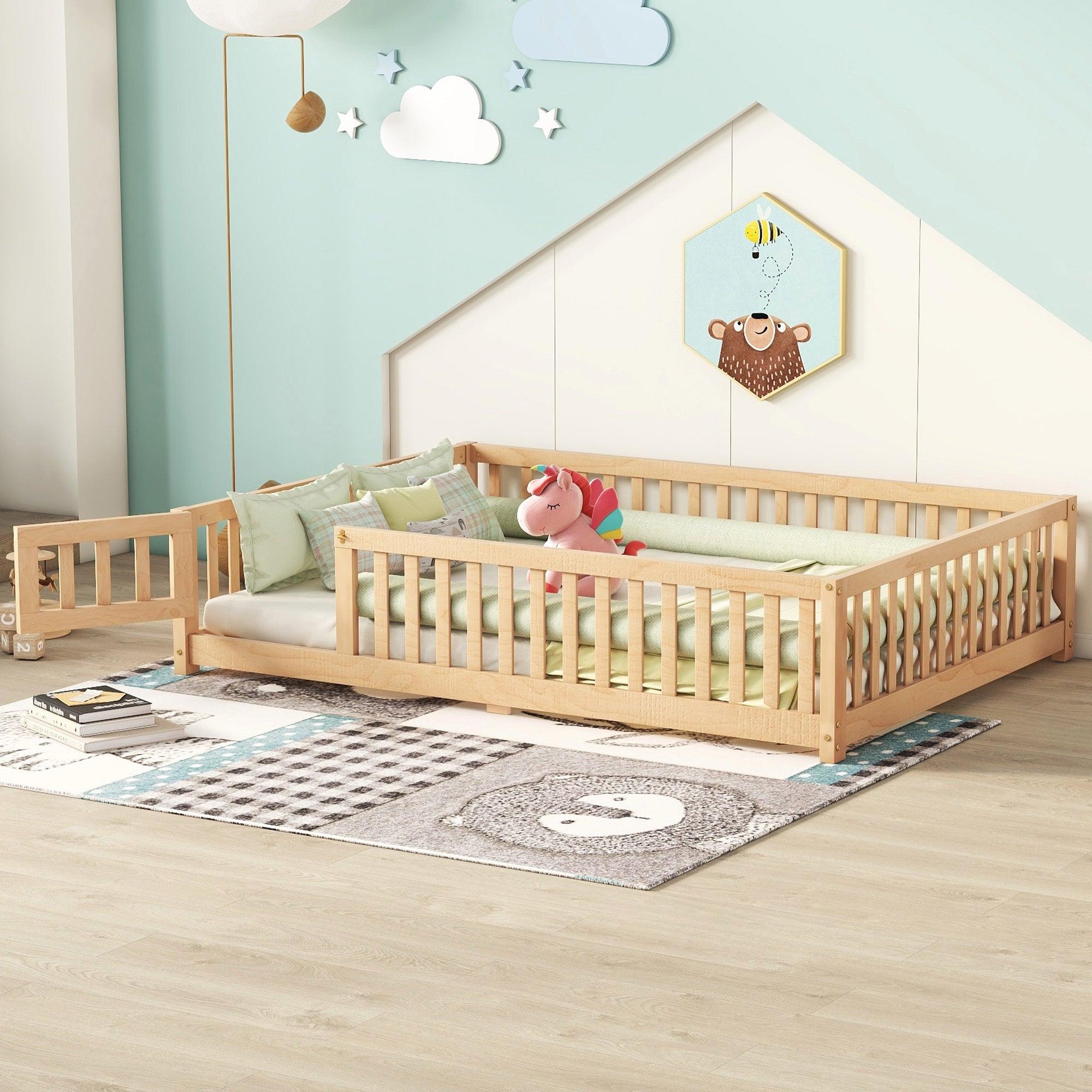 Full Size Bed Floor Bed with Safety Guardrails