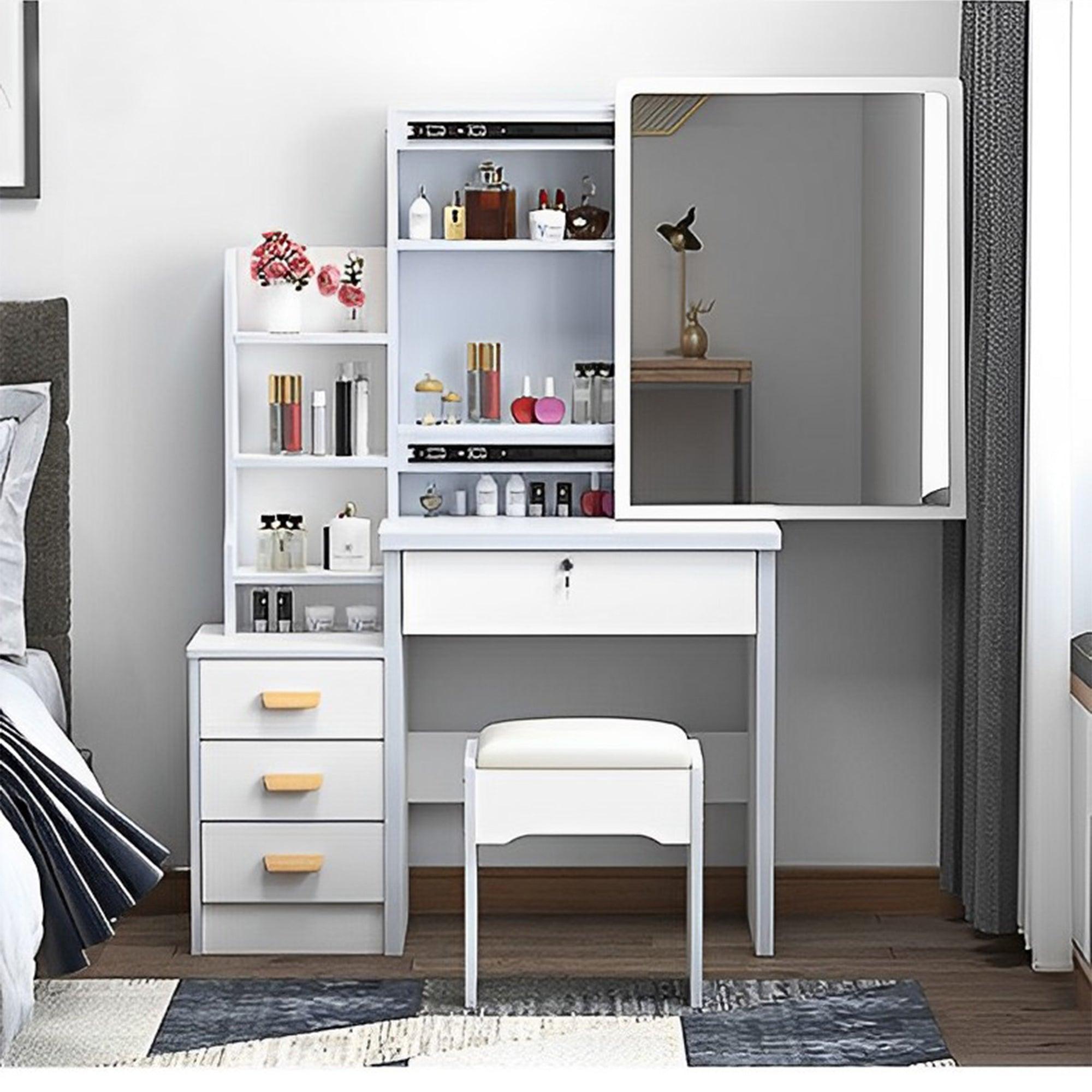 White Vanity Desk with Mirror, Lights & Drawers