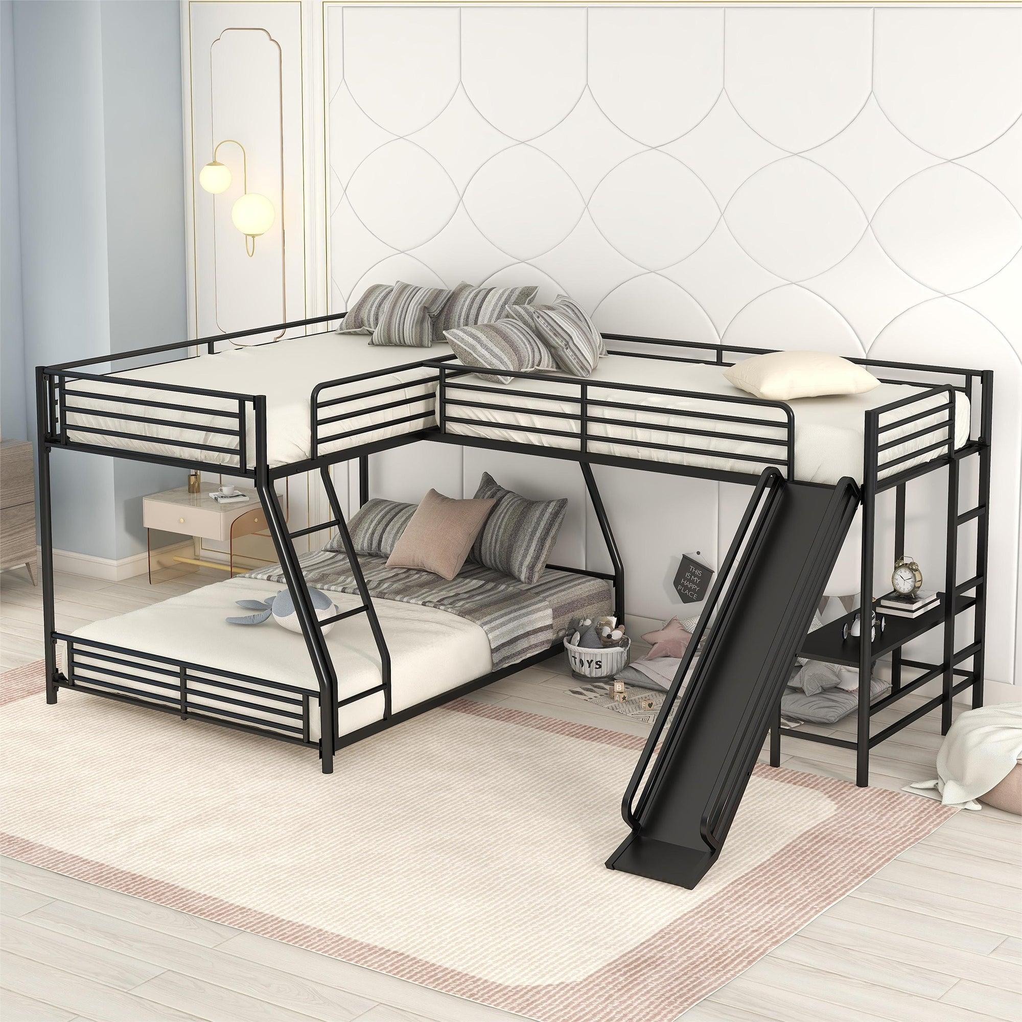 L-Shaped Twin/Full Bunk Bed with Twin Size Loft Bed