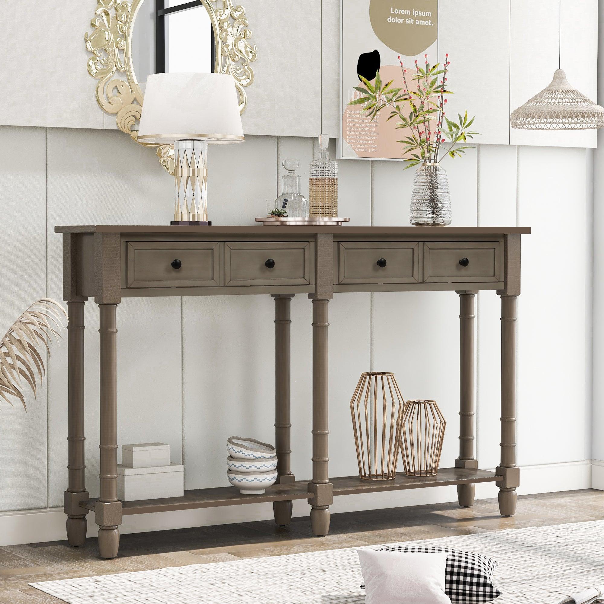 Trexm Console Table with 2 Drawers & Bottom Shelf, Grey Wash