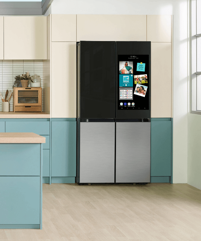 Bespoke 36 in. 29 cu. ft. 4-Door Flex Refrigerator with Family Hub+ in Charcoal Glass and Stainless Steel Panels - Castle Furniture