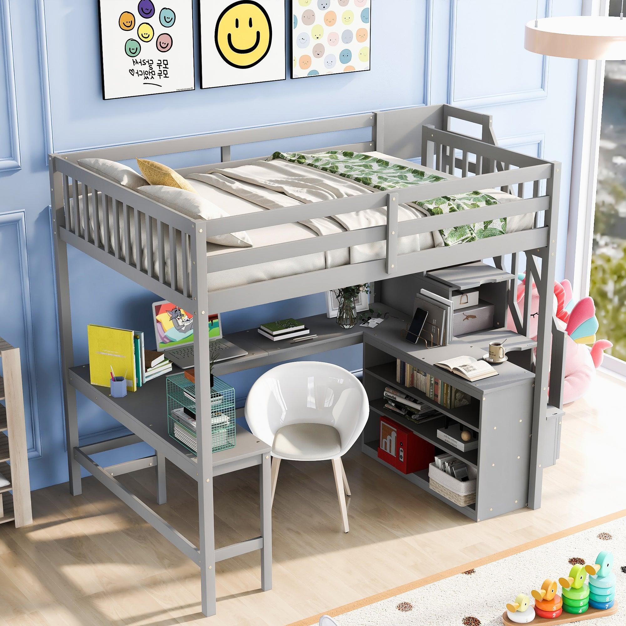 Full Size Loft Bed with Built-in L-Shaped Desk
