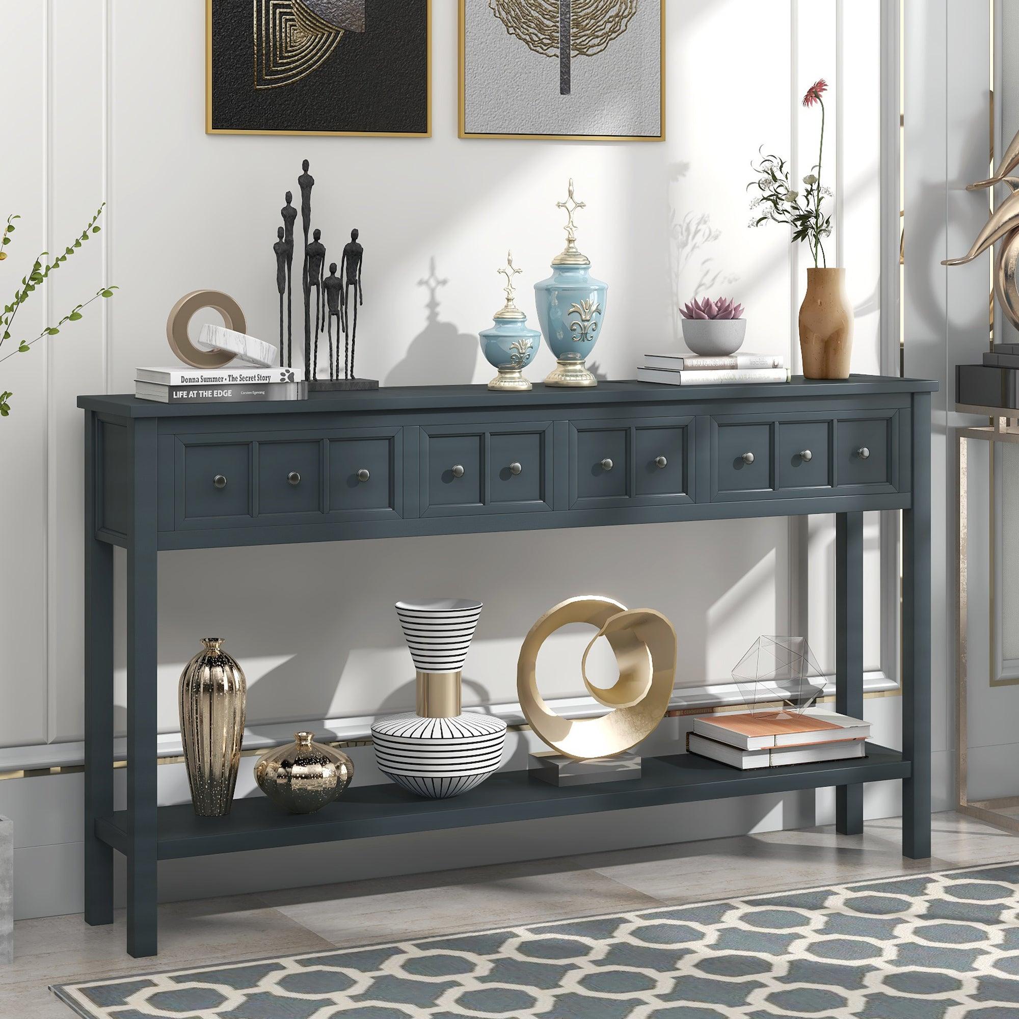 Trexm Rustic Console Table with Drawers & Shelf
