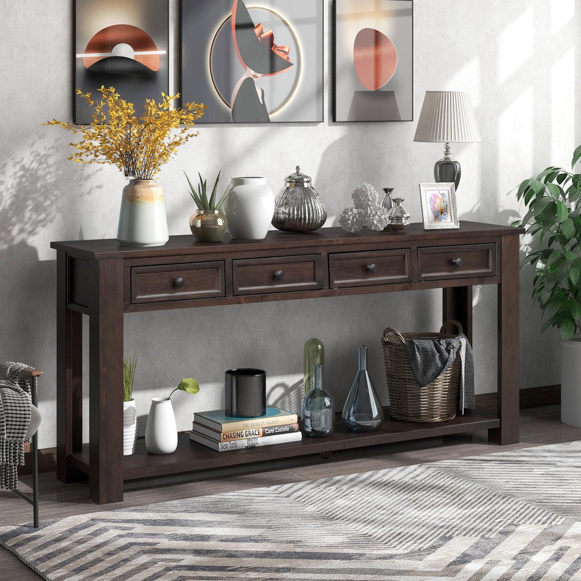 Trexm Console Table with Drawers & Shelf (Espresso)