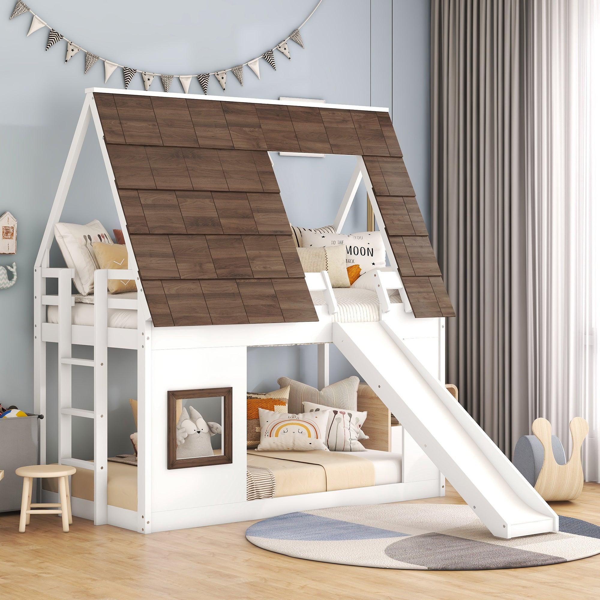 Twin Size House Bunk Bed with Roof, Ladder, Slide