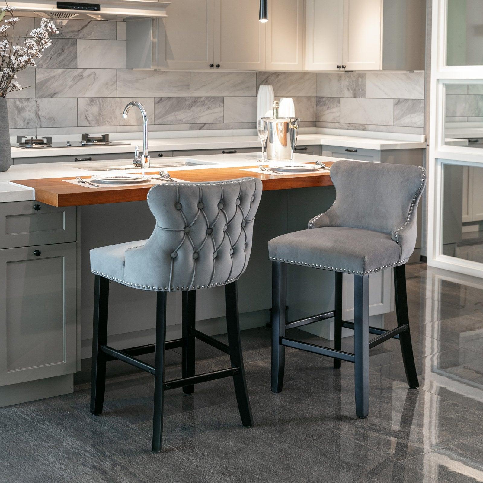 Grey Velvet Upholstered Wing-Back Barstools