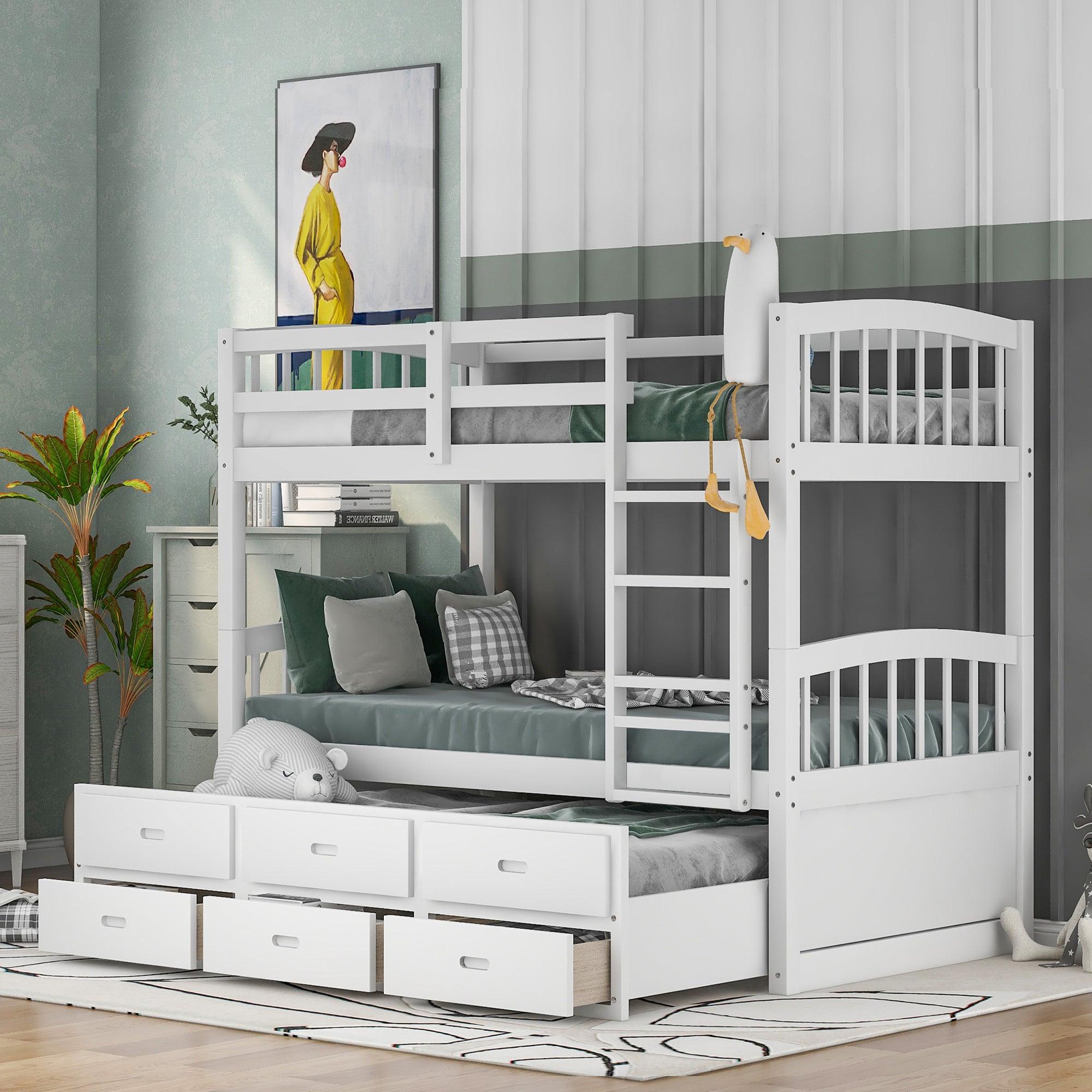 Twin Wood Bunk Bed with Trundle and Drawers