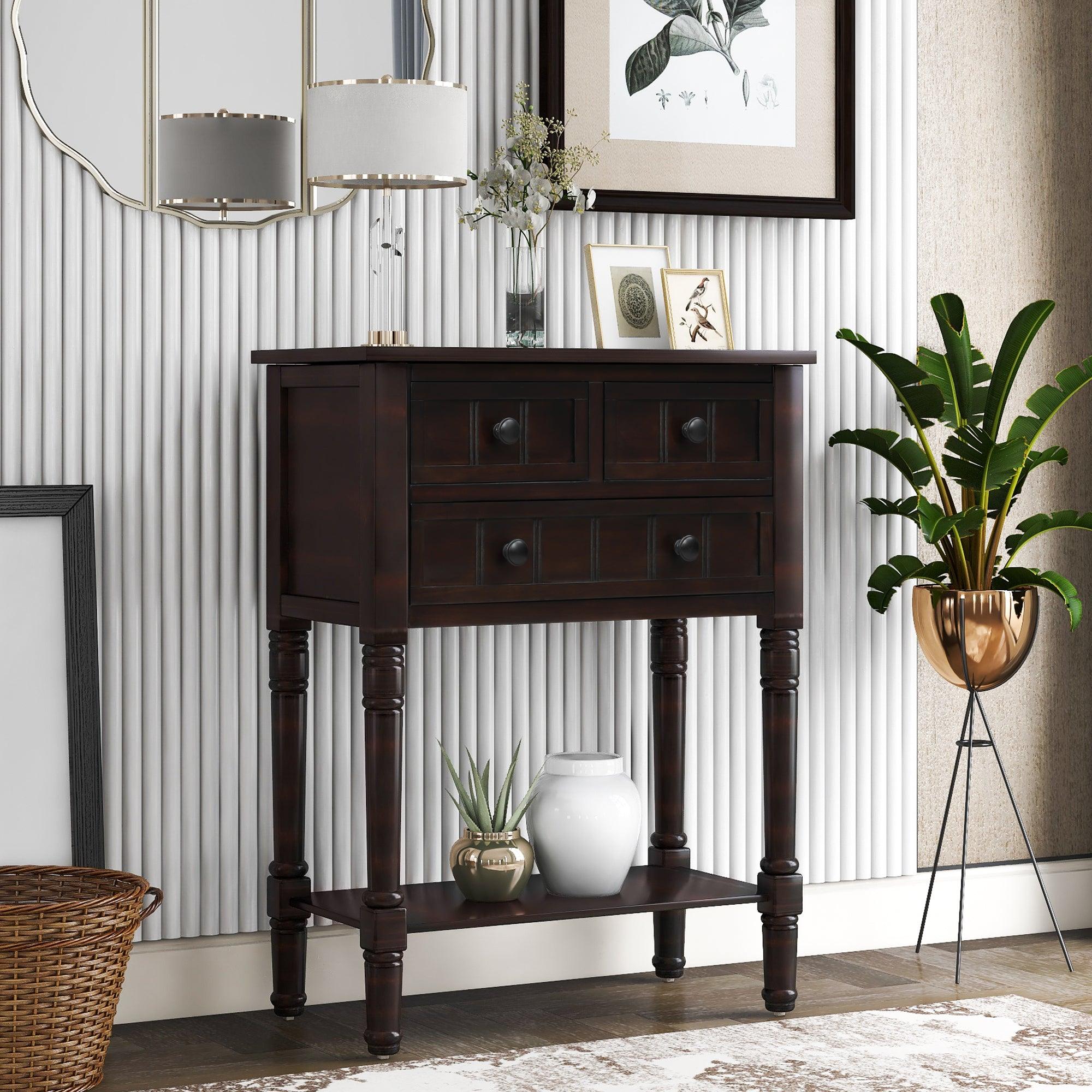 Trexm Narrow Console Table with 3 Drawers & Shelf (Espresso)