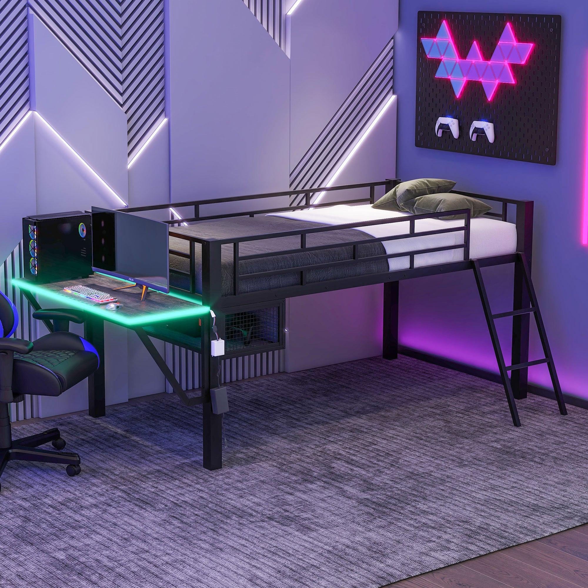 Gaming Mid Loft Bed with Desk, LED