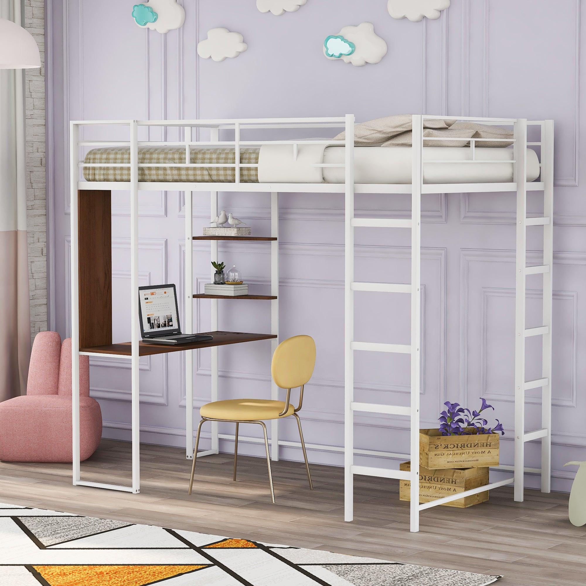 Twin Loft Bed with 2 Shelves and Desk
