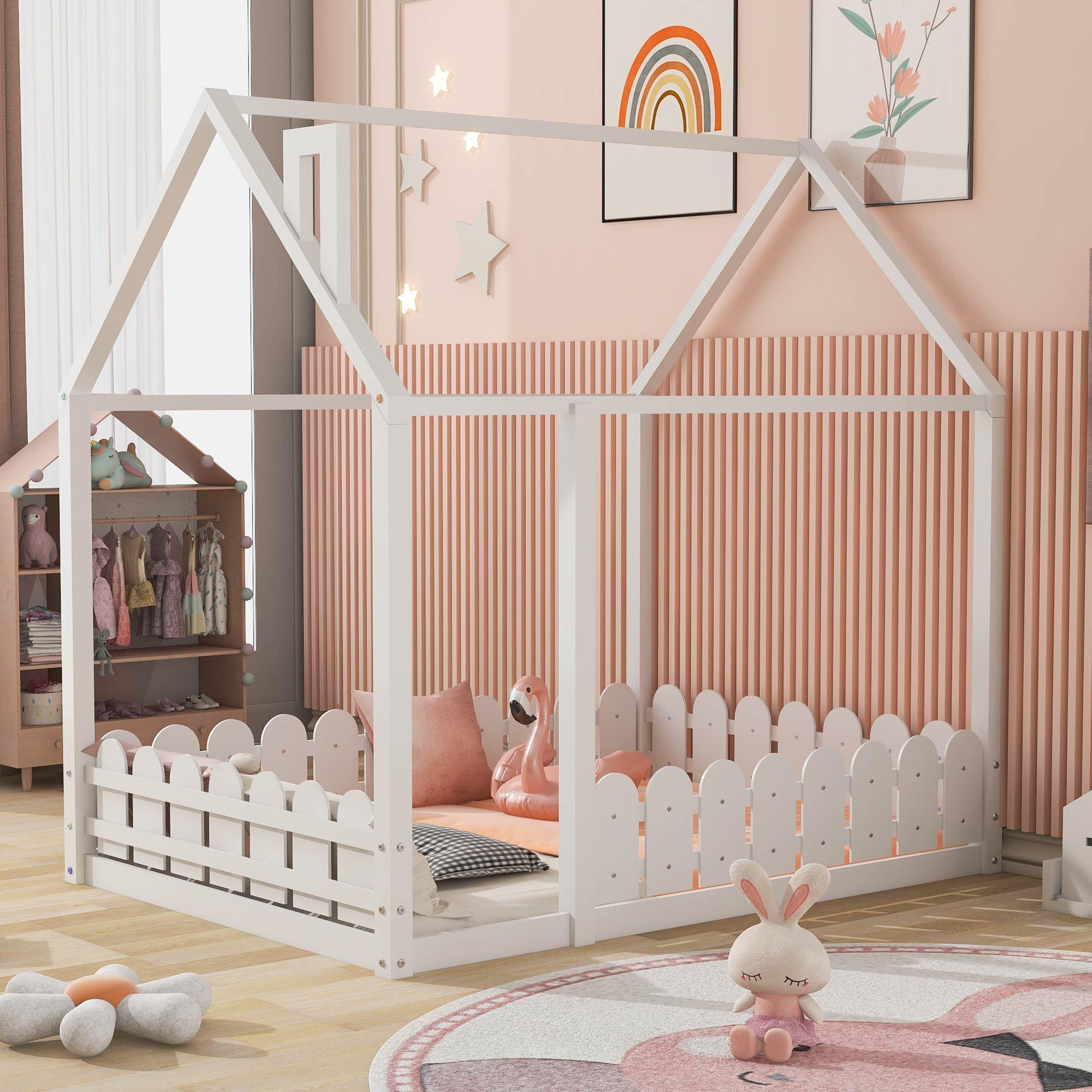 Full Size Wood Bed House Bed Frame with Fence