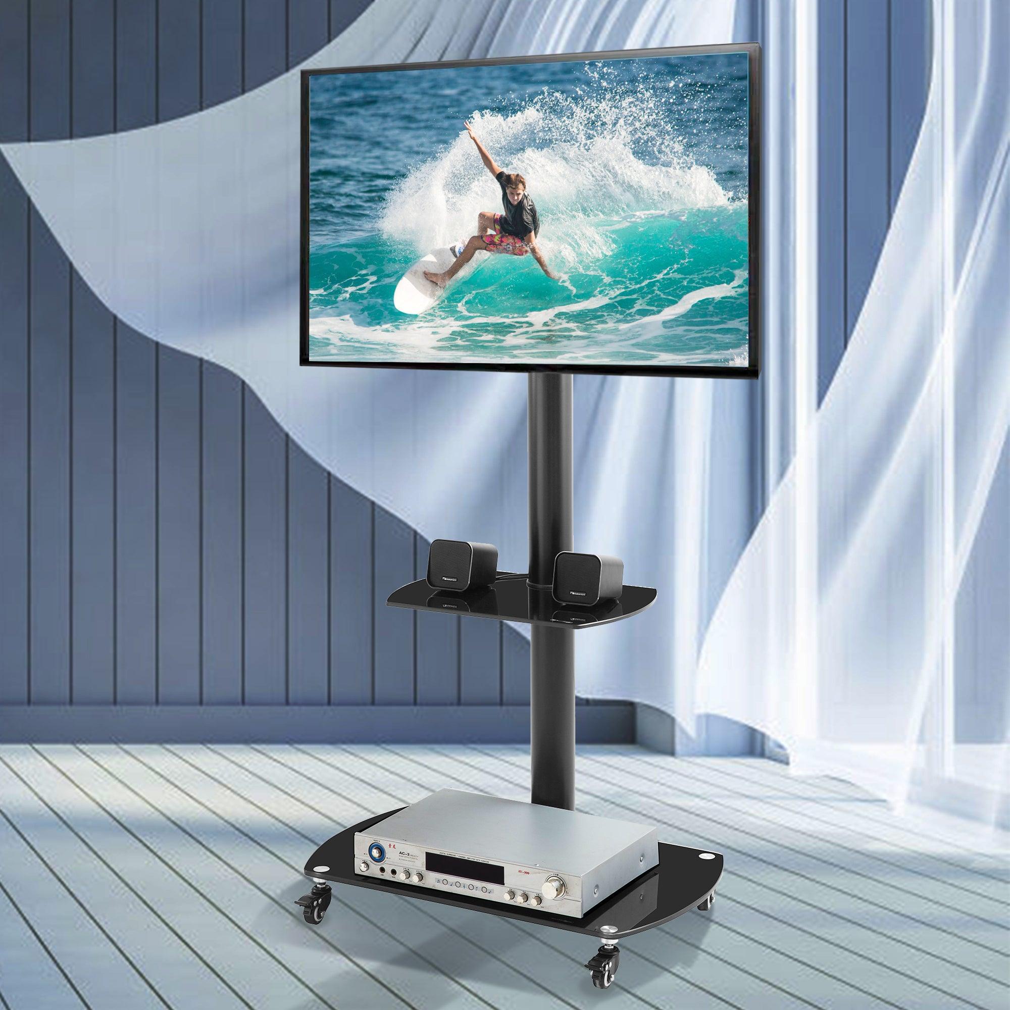 Tempered Glass Lockable Wheels Mobile TV Stand