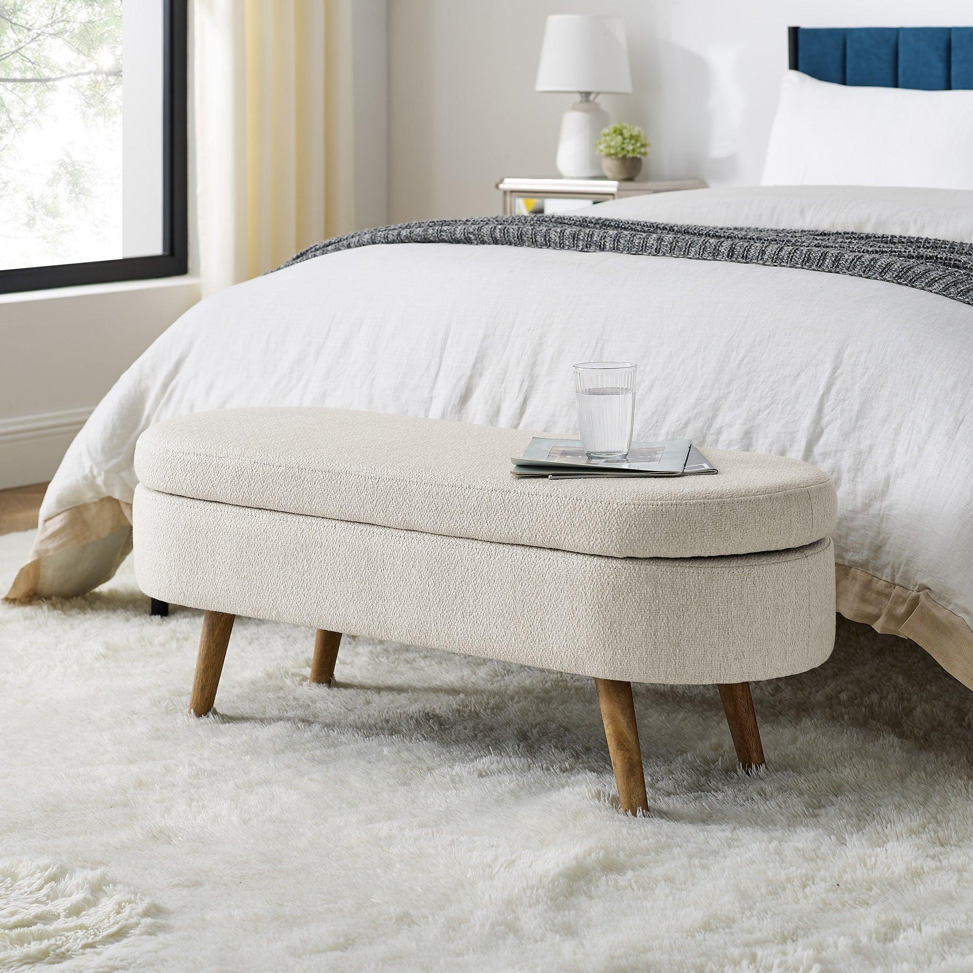 Beige Oval Storage Ottoman Bench with Wood Legs