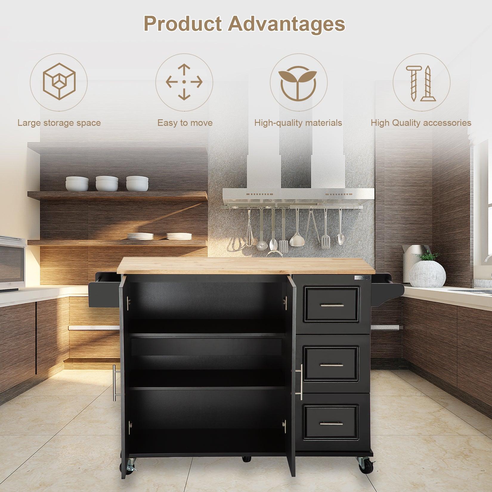 Mobile Kitchen Island with Extensible Rubber Wood Table Top